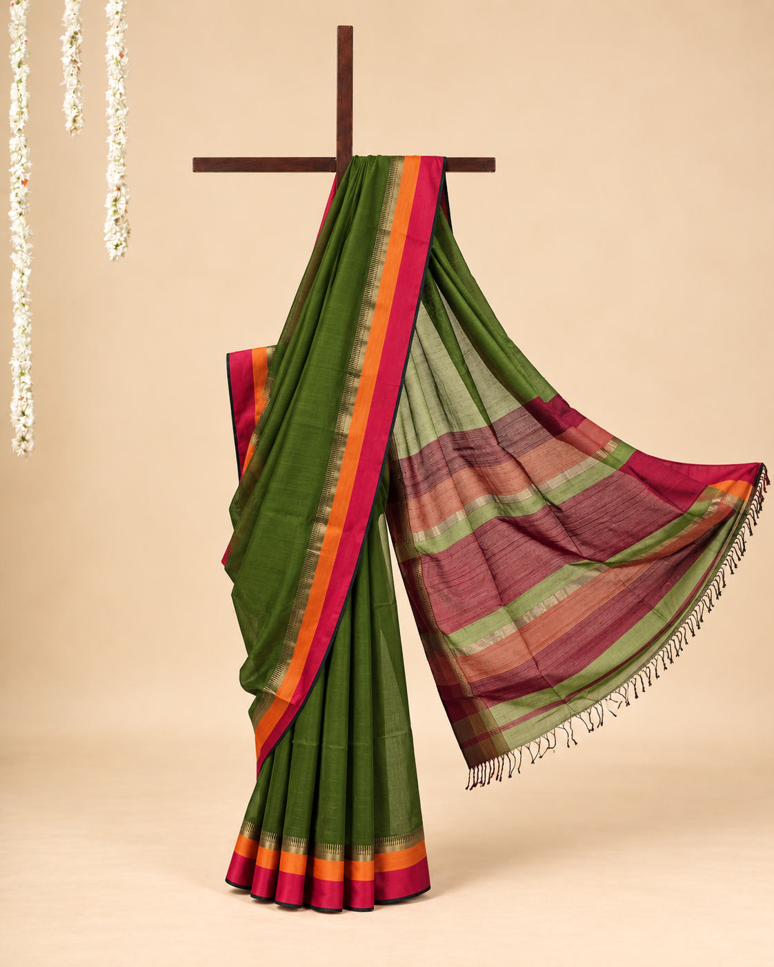 Pista Green Cotton Silk Maheswari Saree