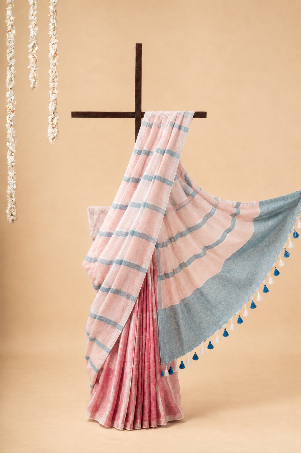 Linen Saree with Peach and blue stripe