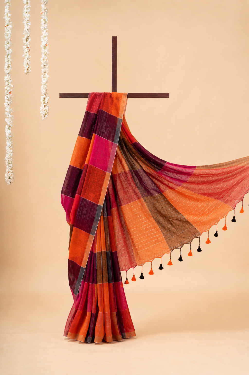 Pink Orange Brown Block Linen by linen Saree