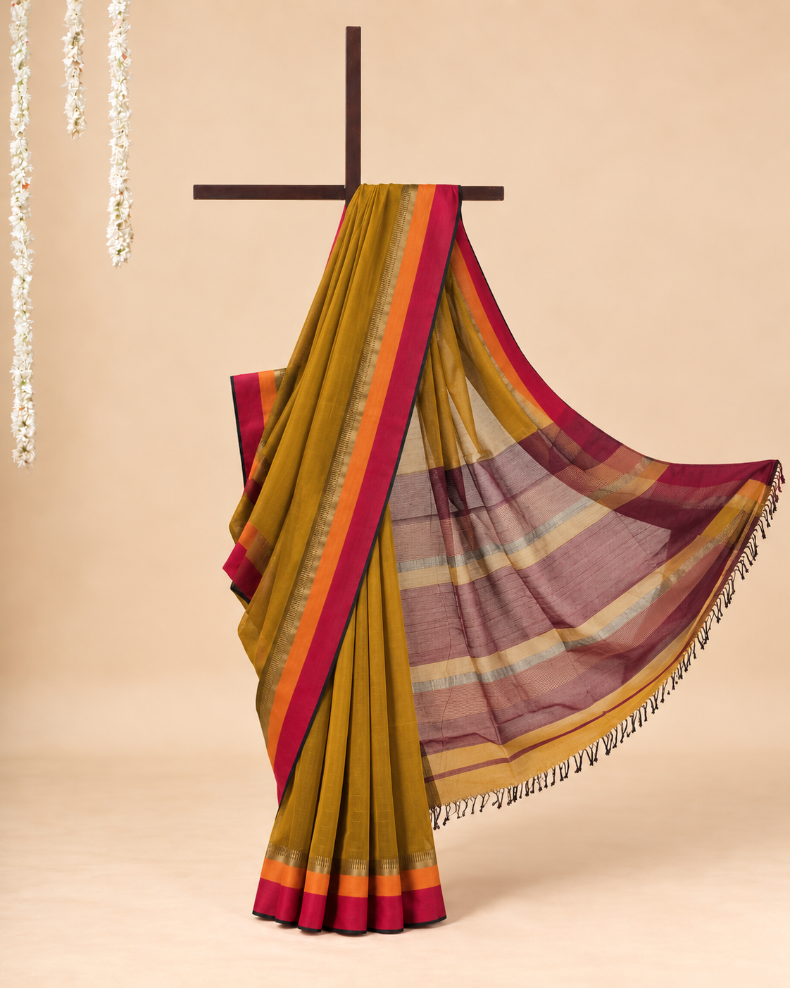Mustard Cotton Silk Maheswari Saree