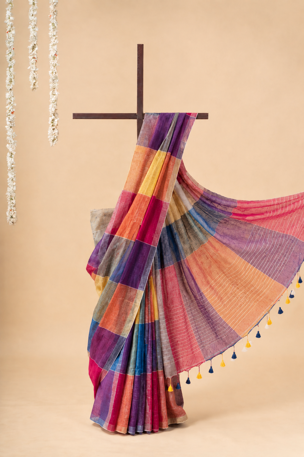 Blue Pink Purple yellow Linen saree