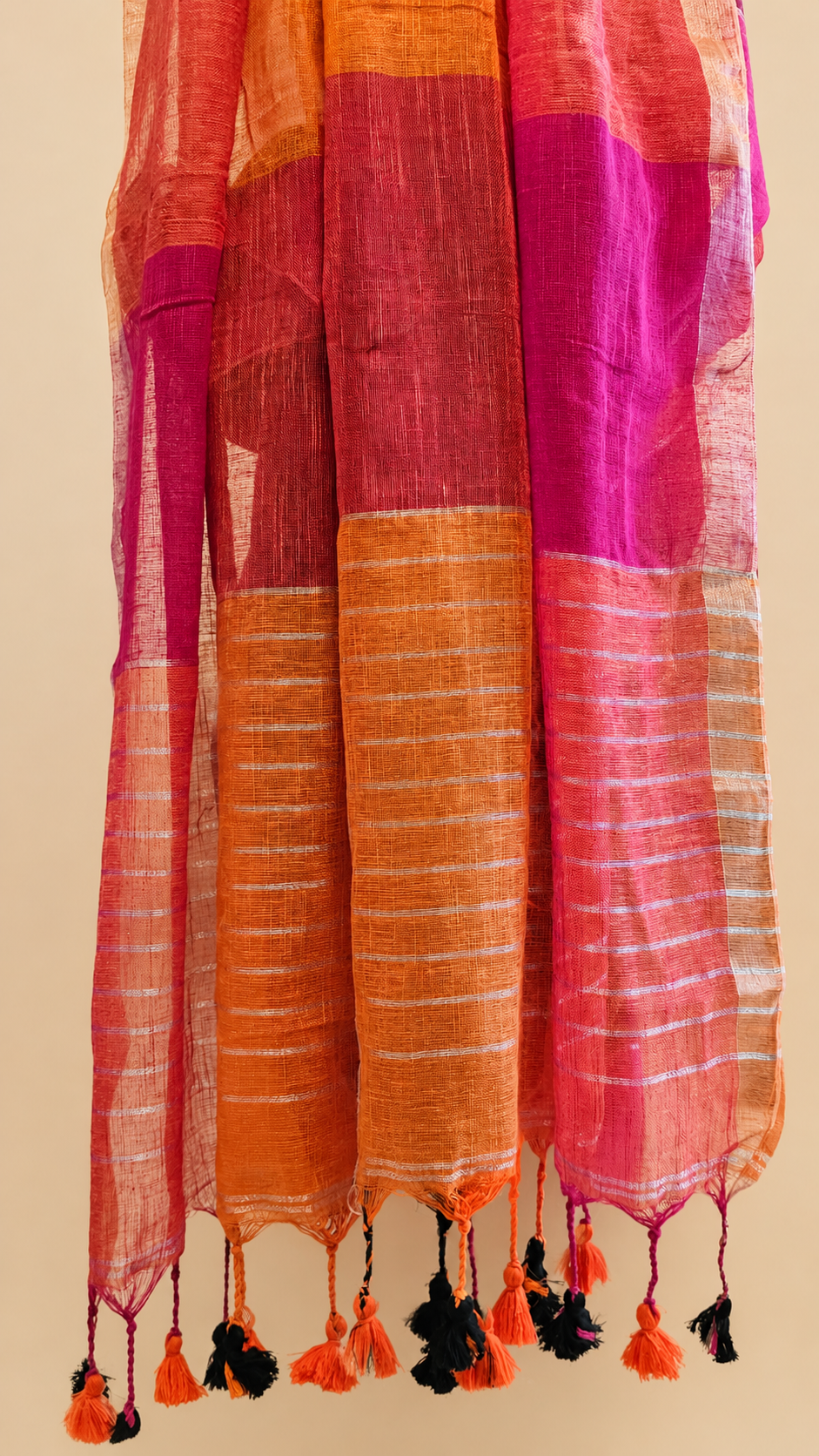 Pink Orange Brown Block Linen by linen Saree