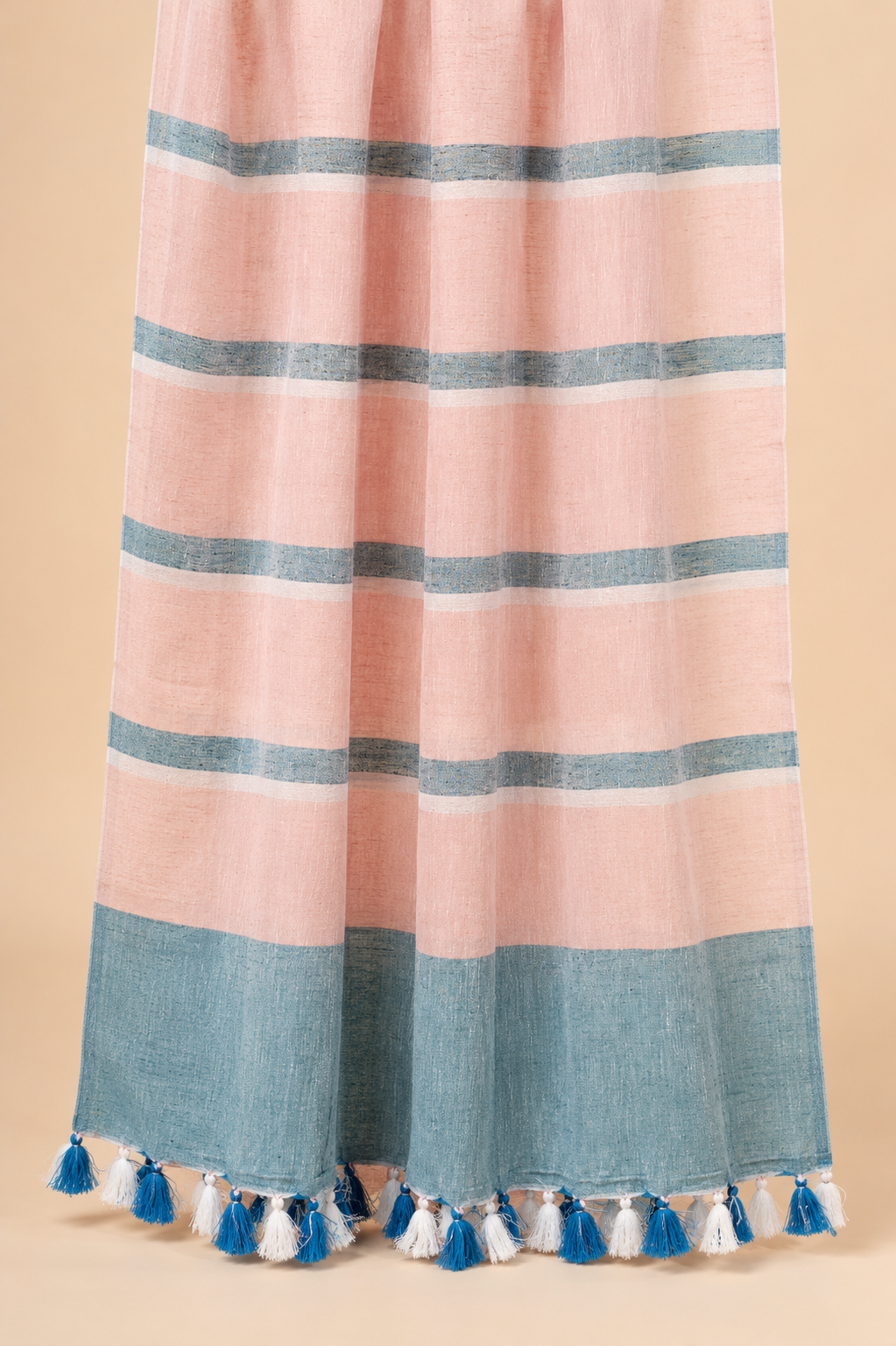 Linen Saree with Peach and blue stripe