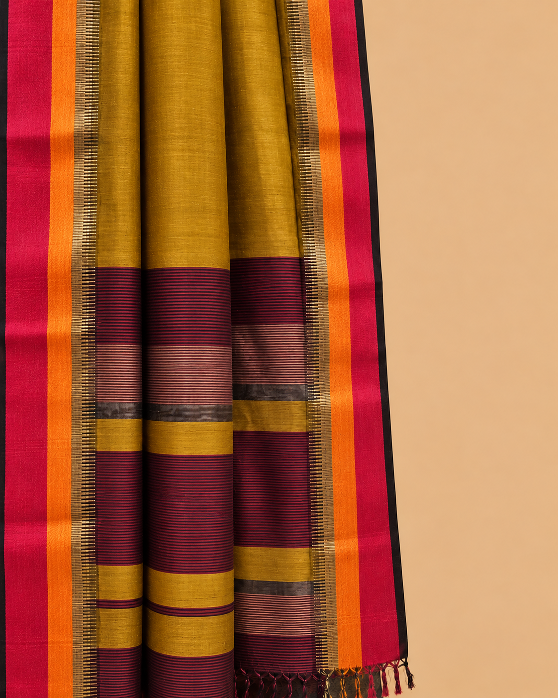 Mustard Cotton Silk Maheswari Saree