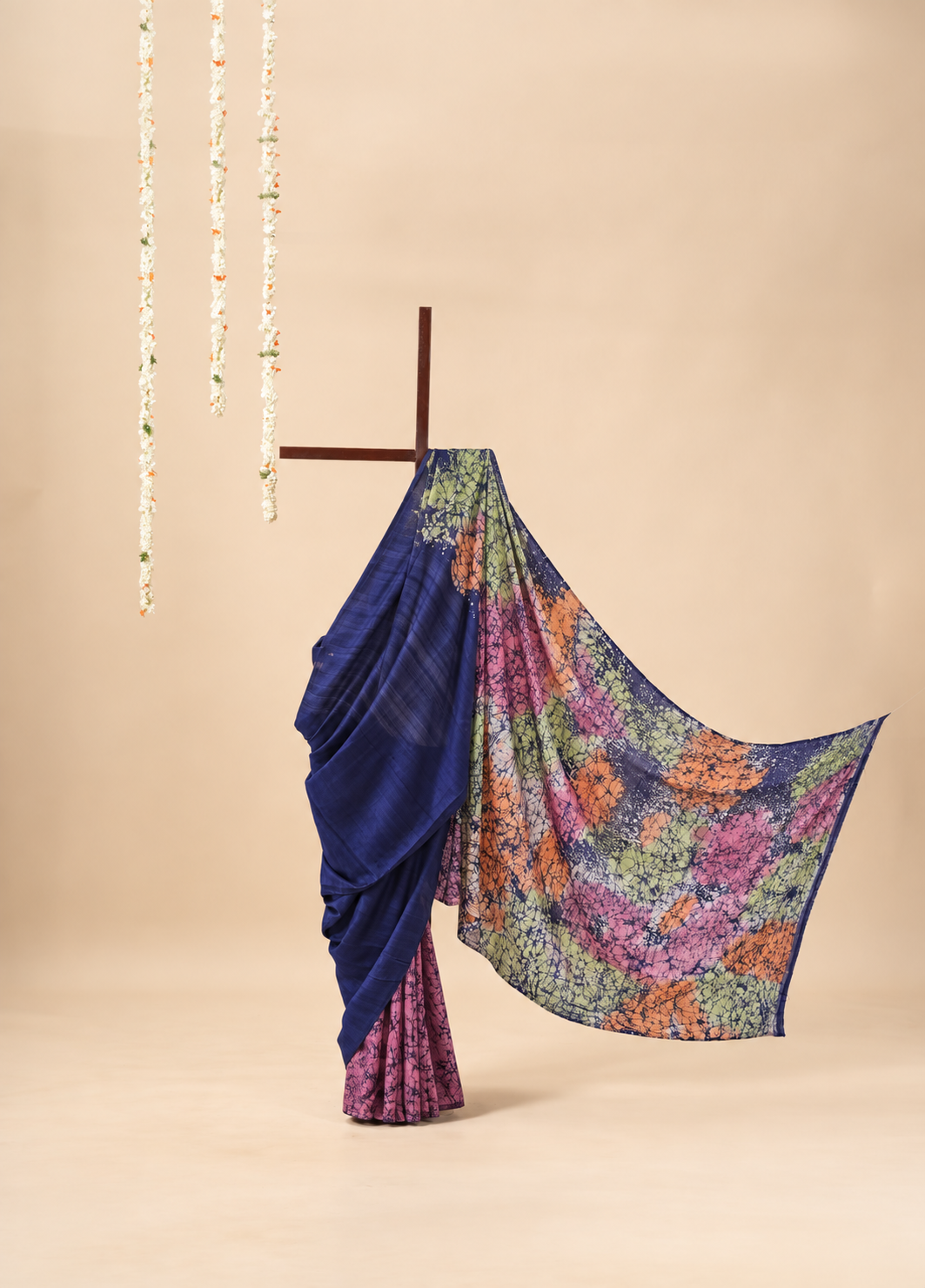 Midnight blue with moss green, pink, violet and orange Handpainted Abstract Batik art on silk
