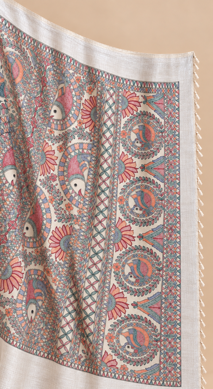 White Handpainted Madhubani on Linen