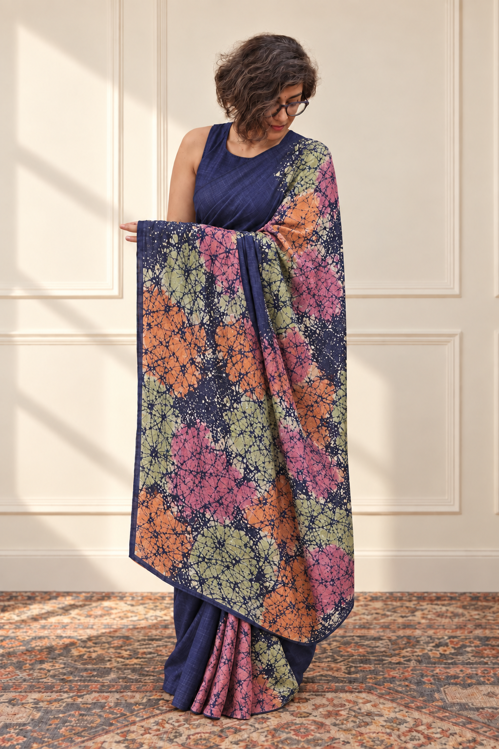 Midnight blue with moss green, pink, violet and orange Handpainted Abstract Batik art on silk