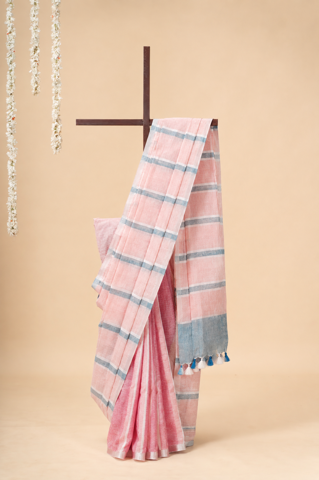 Linen Saree with Peach and blue stripe