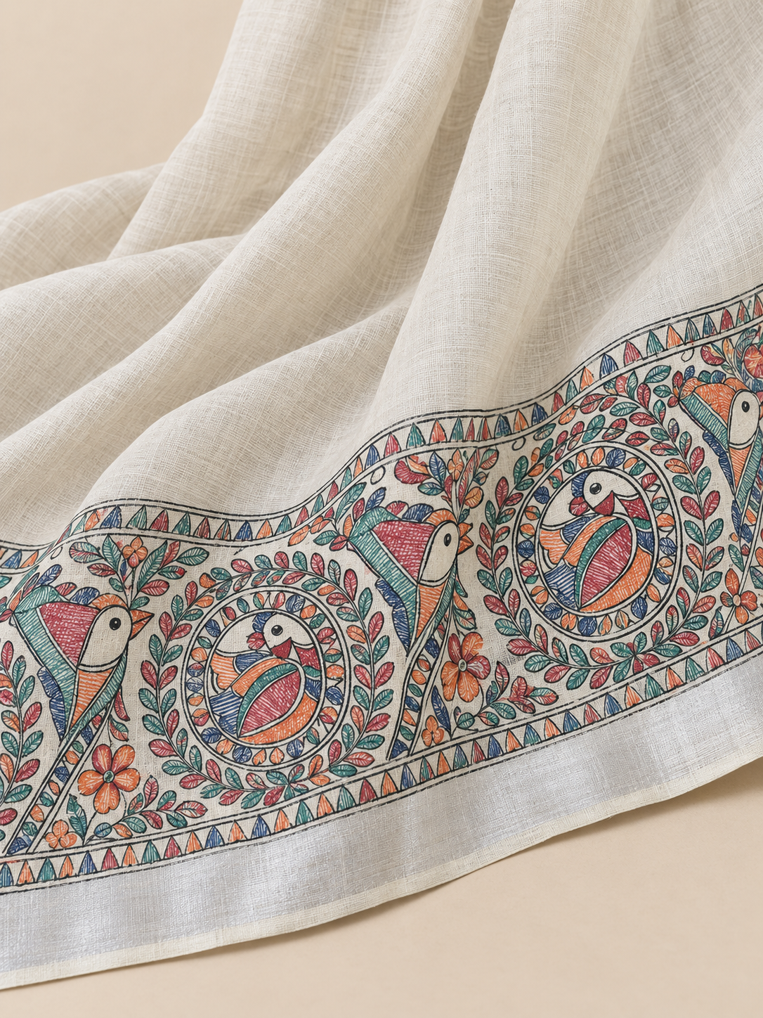 White Handpainted Madhubani on Linen