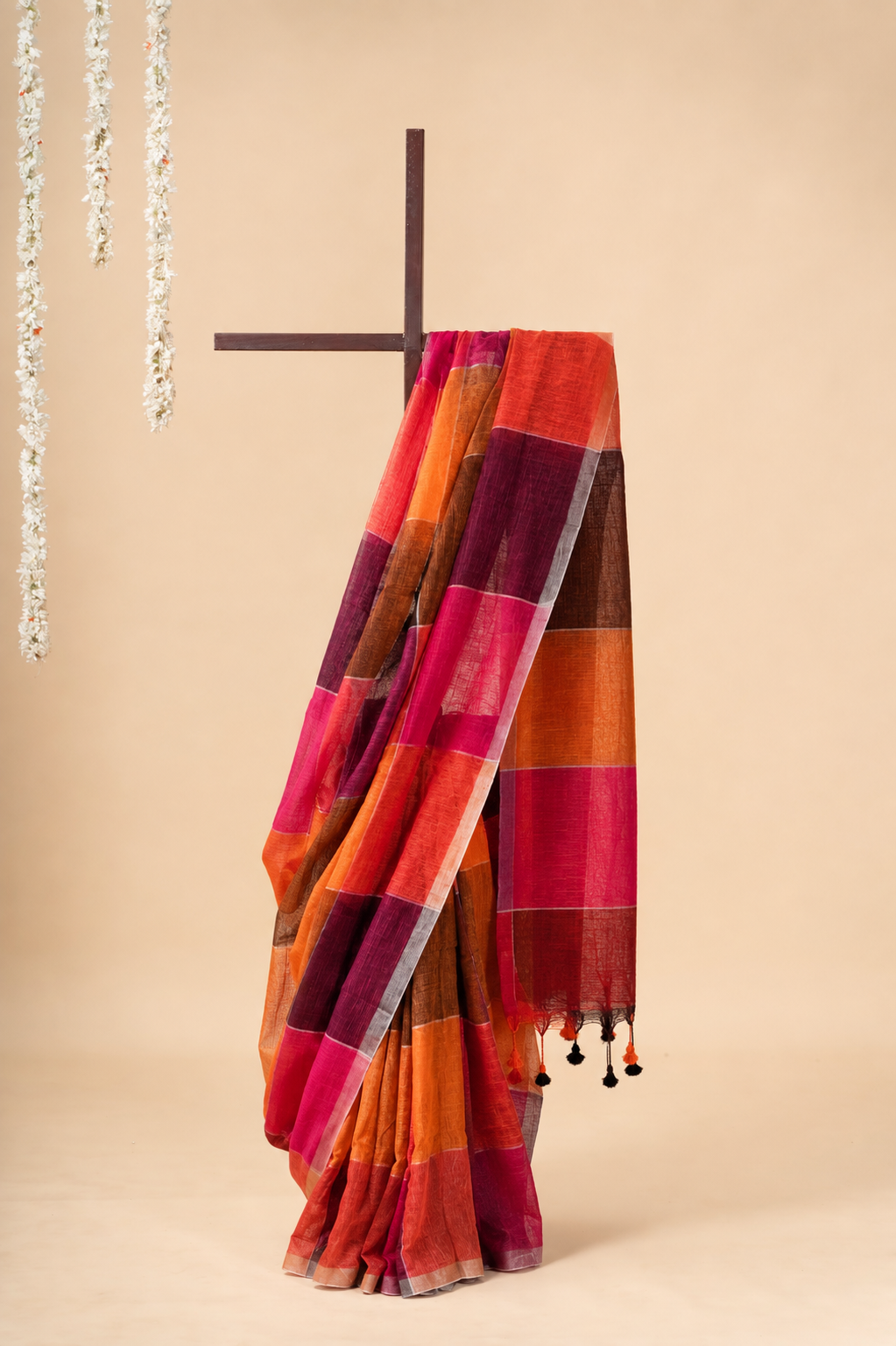 Pink Orange Brown Block Linen by linen Saree