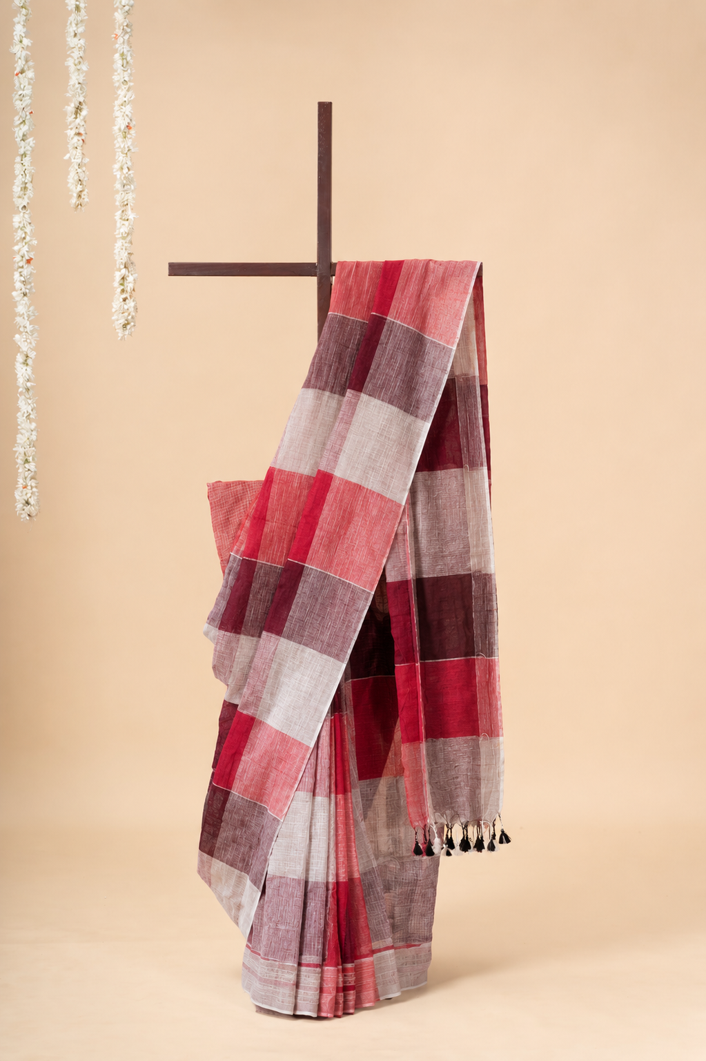 Red Wine ivory block linen by linen Saree