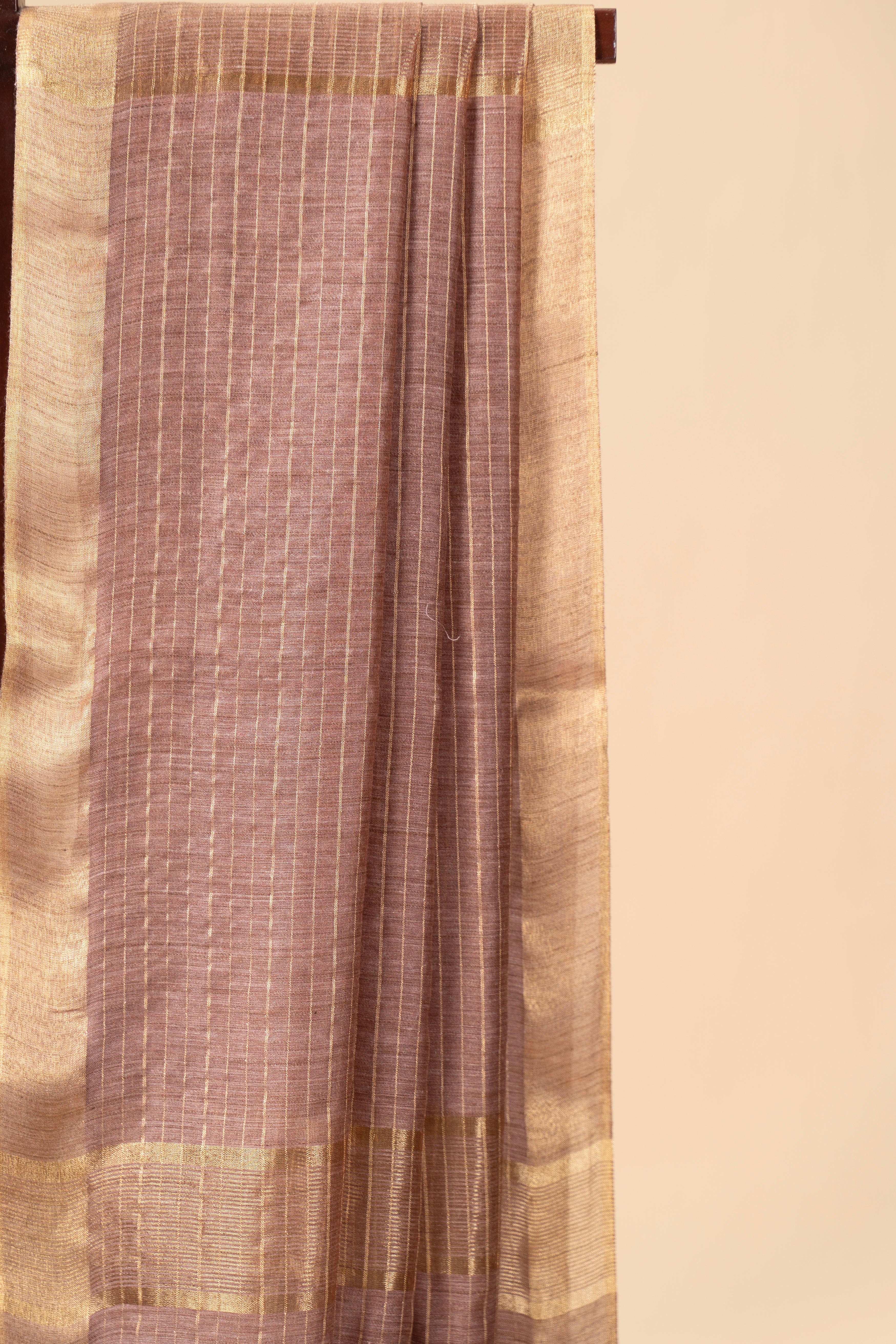Brown Check Patterned Semi Tussar Silk Saree With Golden Zari