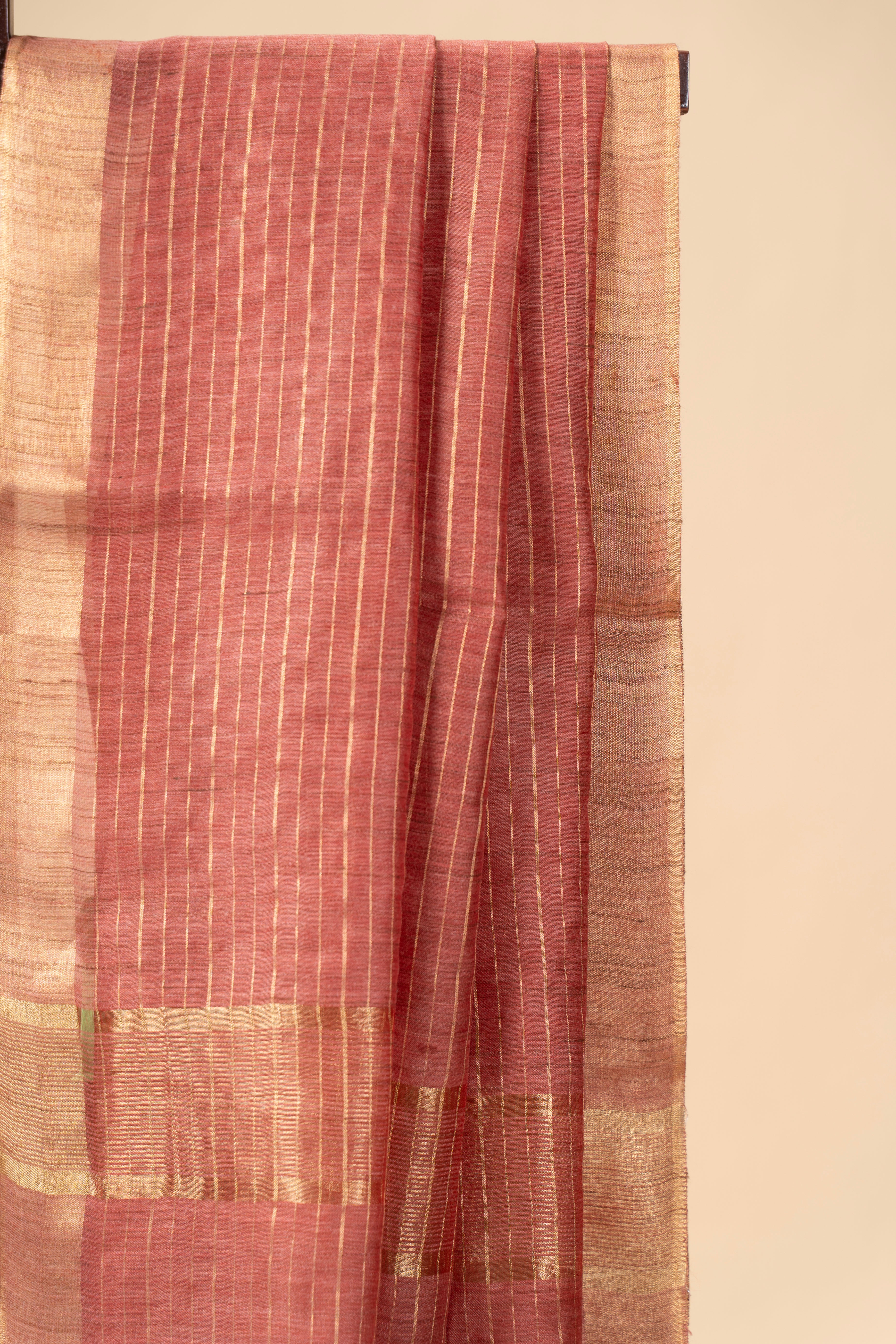 Orange Check Patterned Semi Tussar Silk Saree With Golden Zari