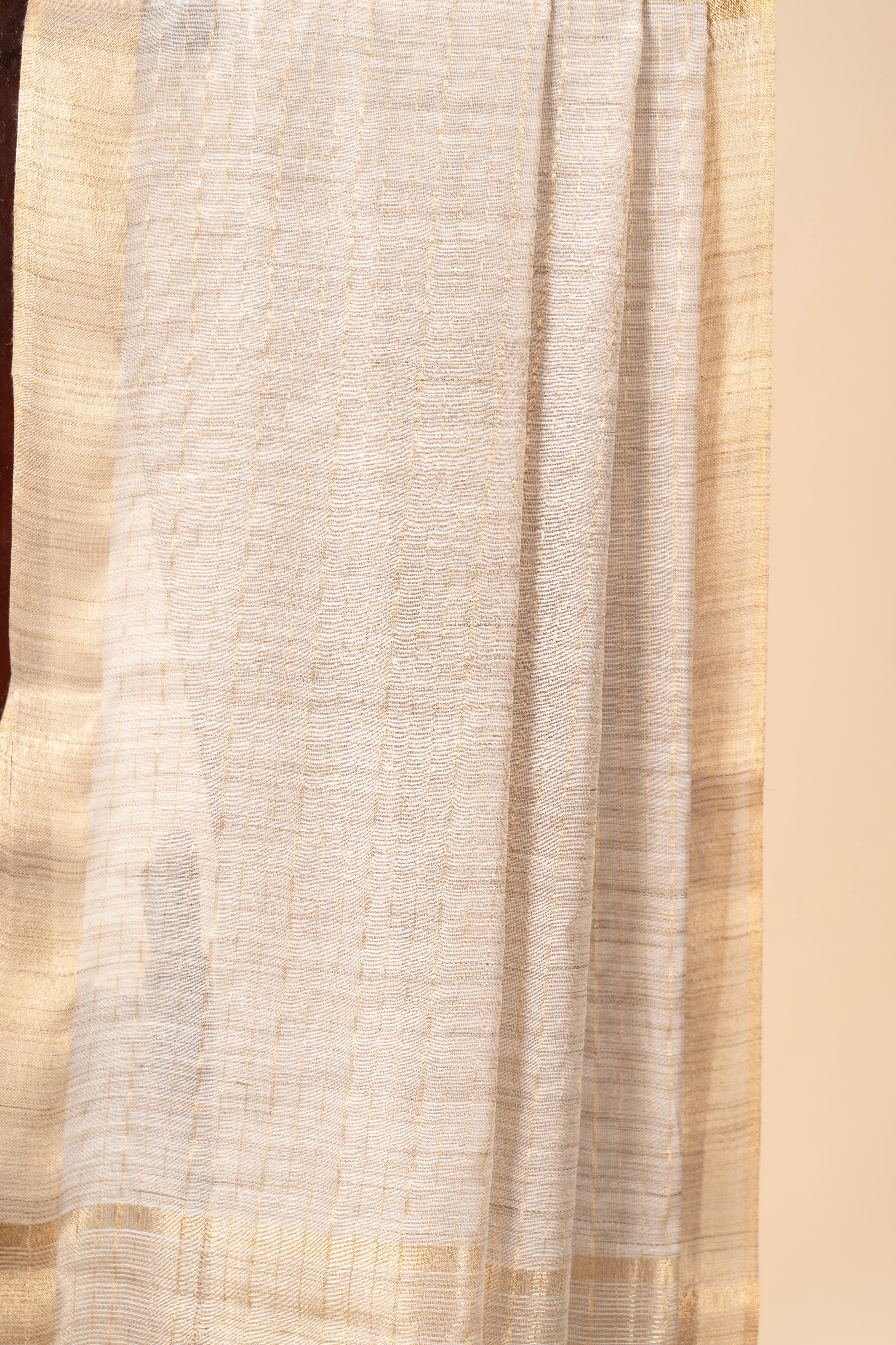 Beige Check Patterned Semi Tussar Silk Saree With Golden Zari