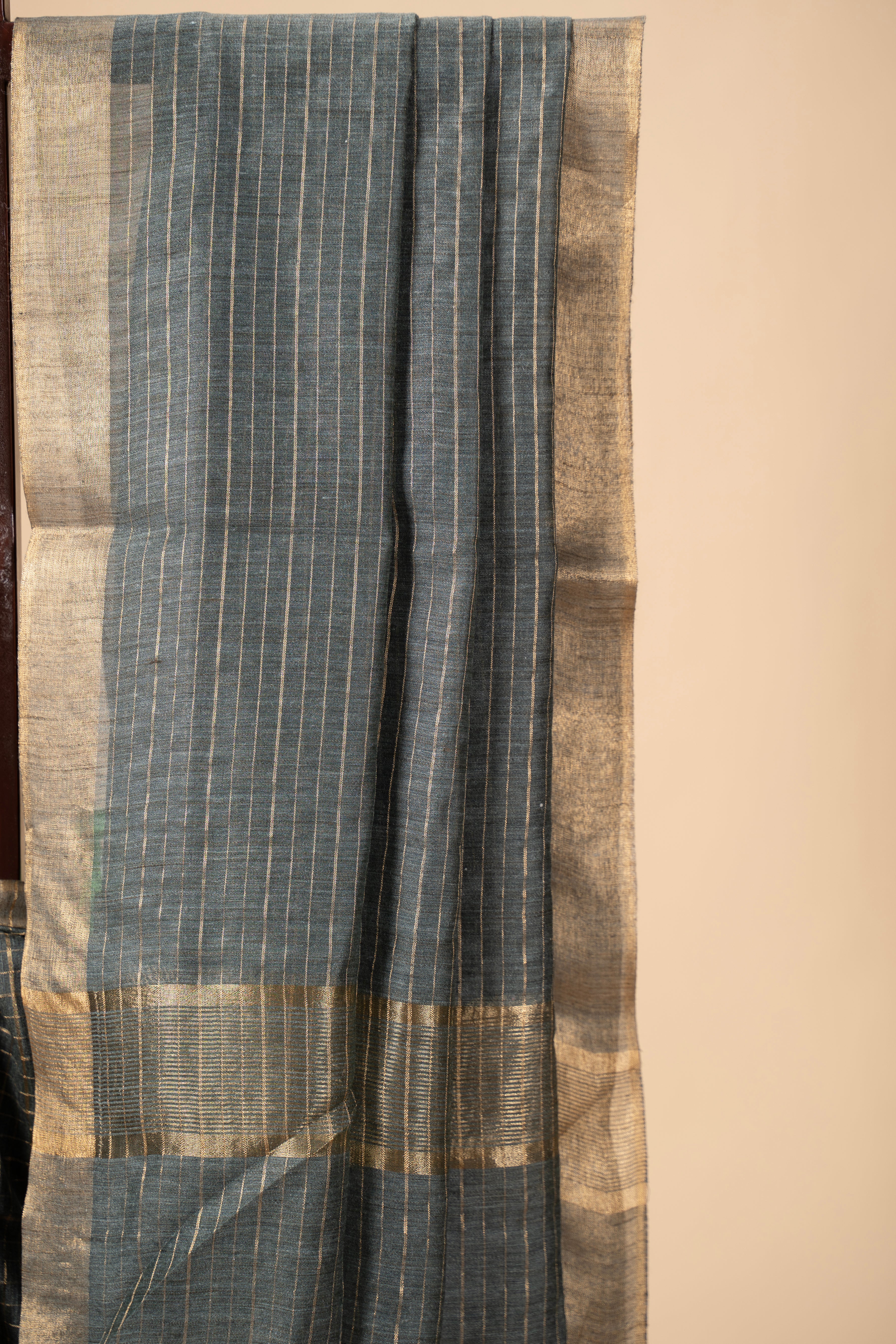 Charcol Grey Check Patterned Semi Tussar Silk Saree With Golden Zari