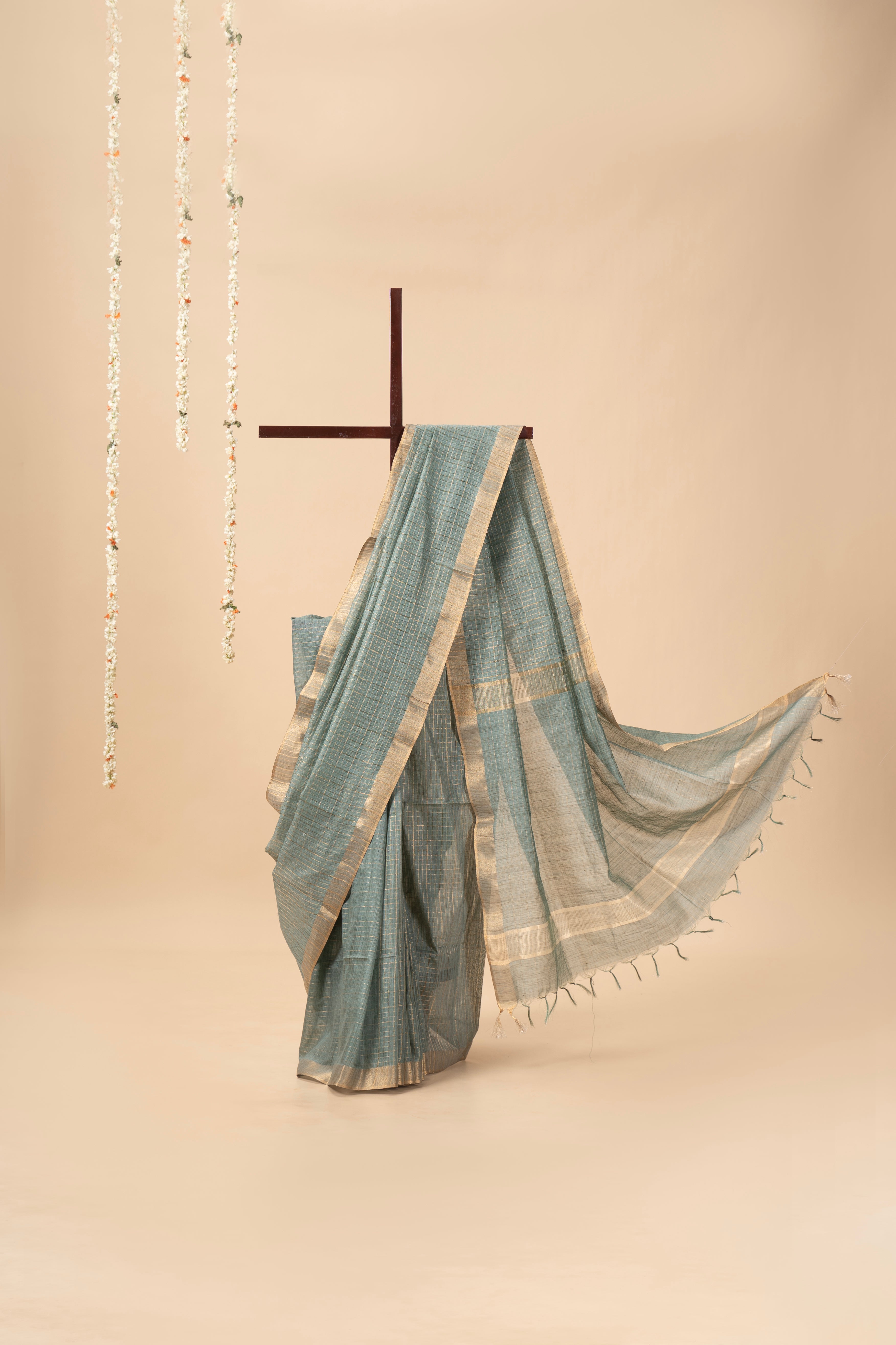 Sage Green Check Patterned Silk Saree With Golden Zari