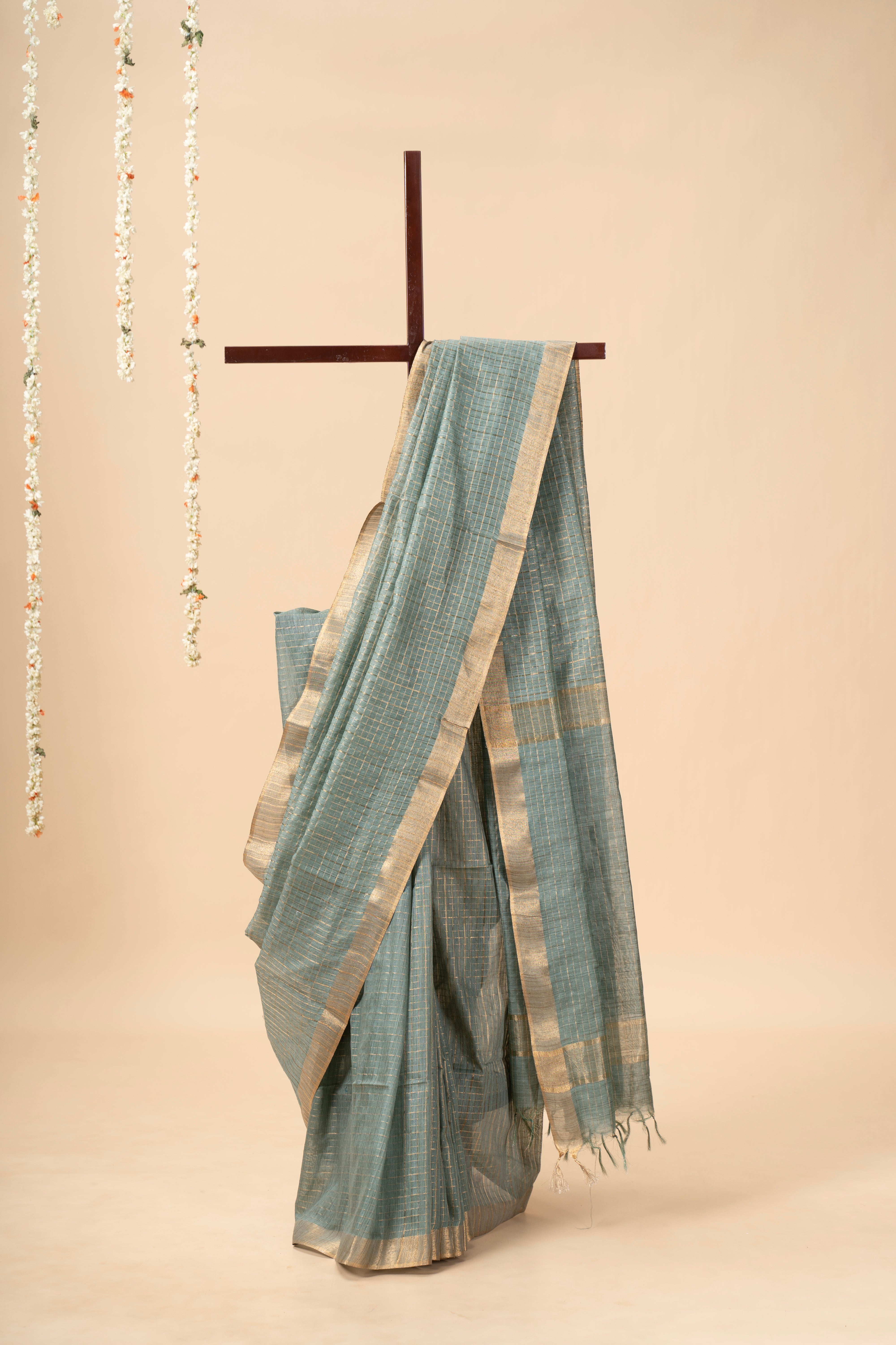 Sage Green Check Patterned Silk Saree With Golden Zari