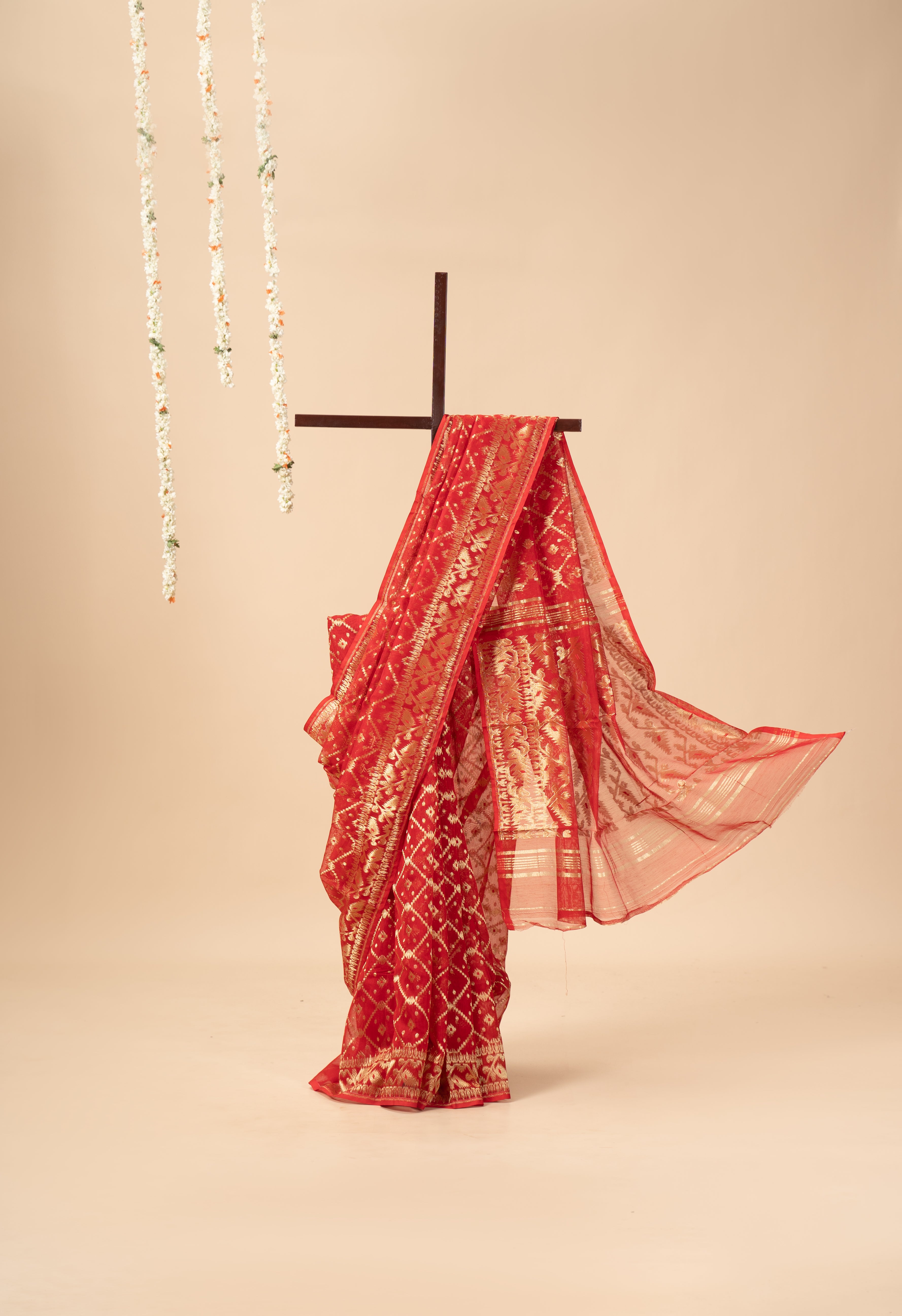 Red With Golden Zari Jhakai Jamdani Saree
