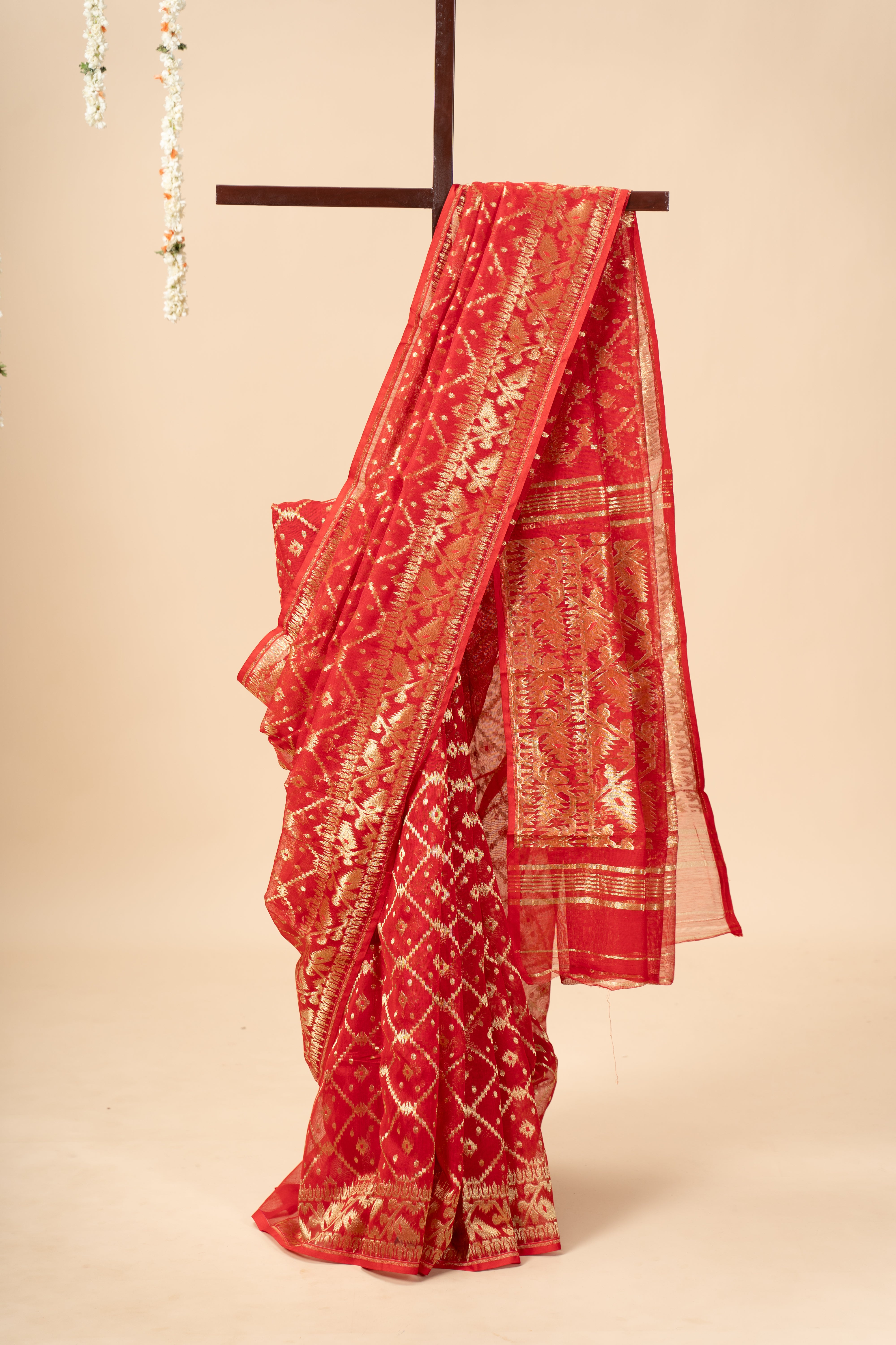 Red With Golden Zari Jhakai Jamdani Saree