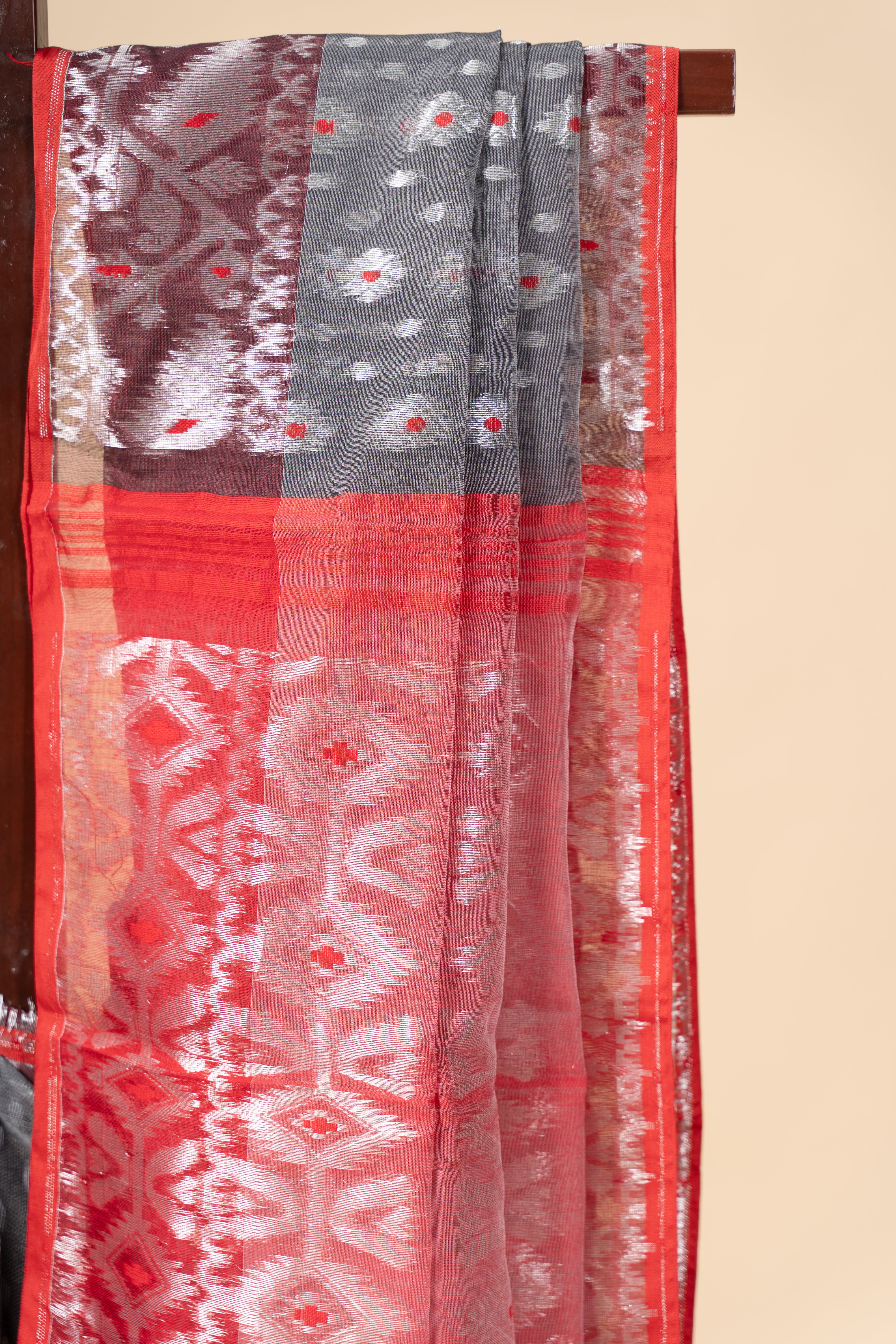 Grey and Red With Silver Zari Jhakai Jamdani Saree