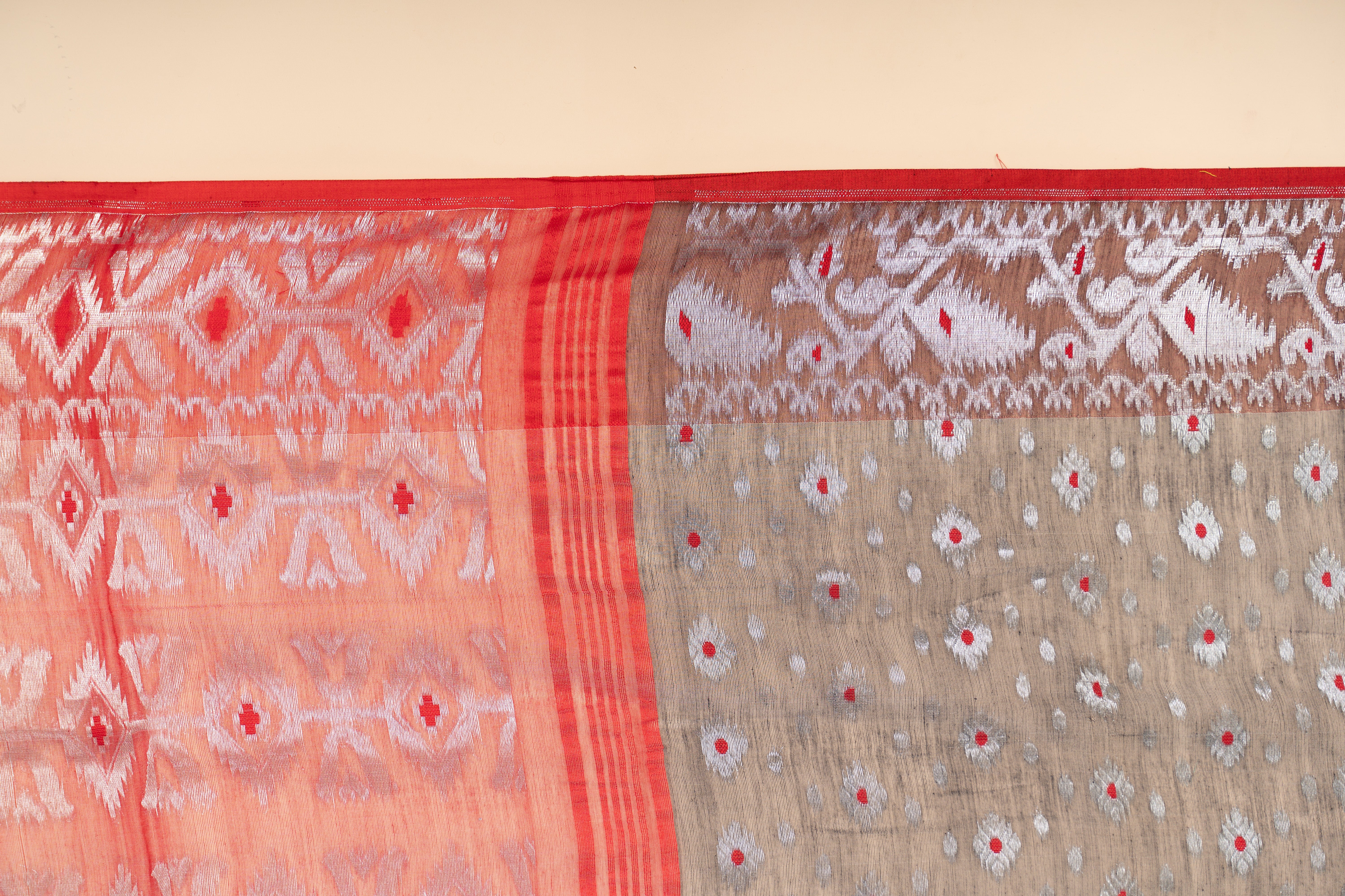 Grey and Red With Silver Zari Jhakai Jamdani Saree