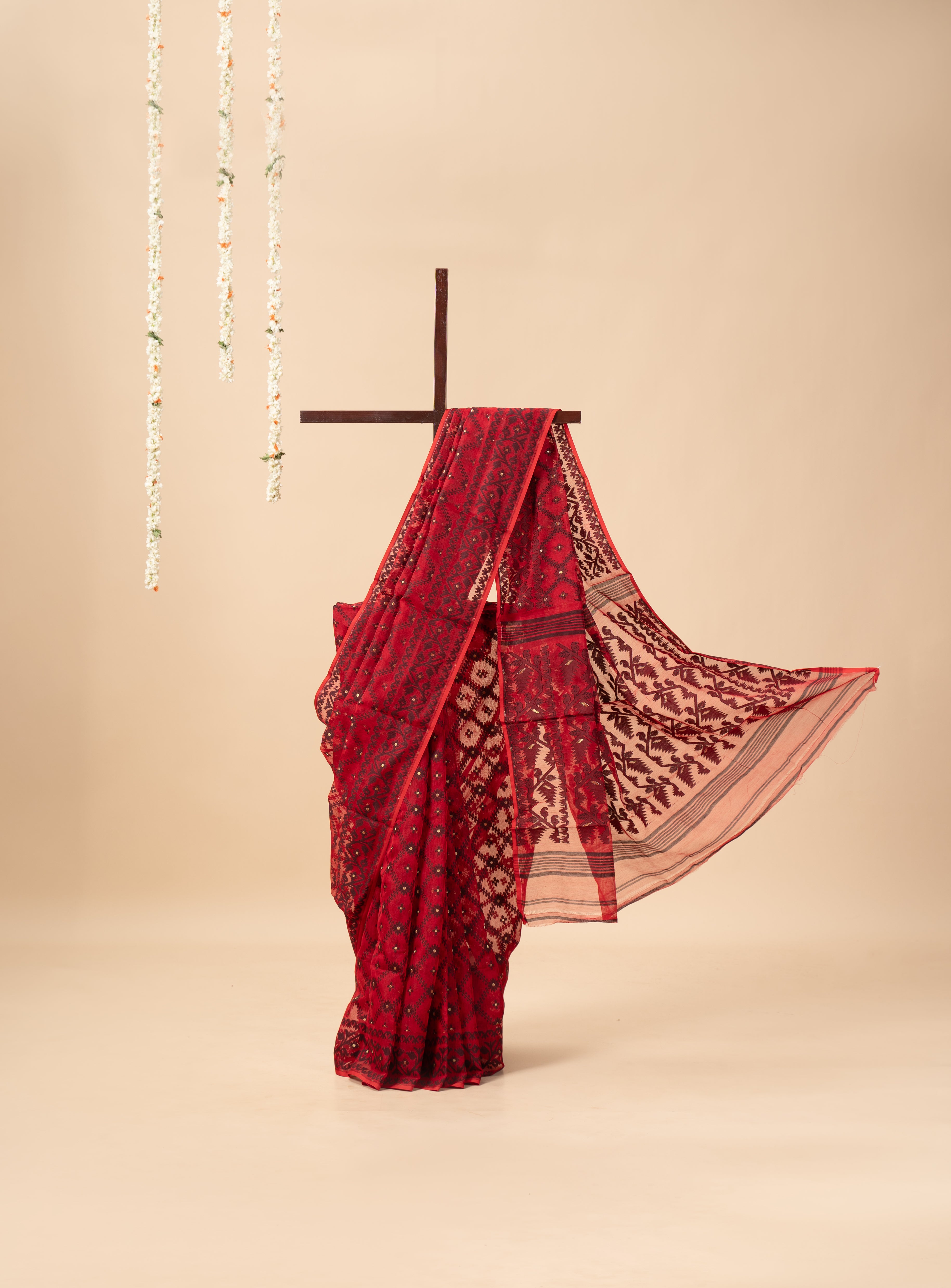 Red with Black design Dhakai Jamdani saree