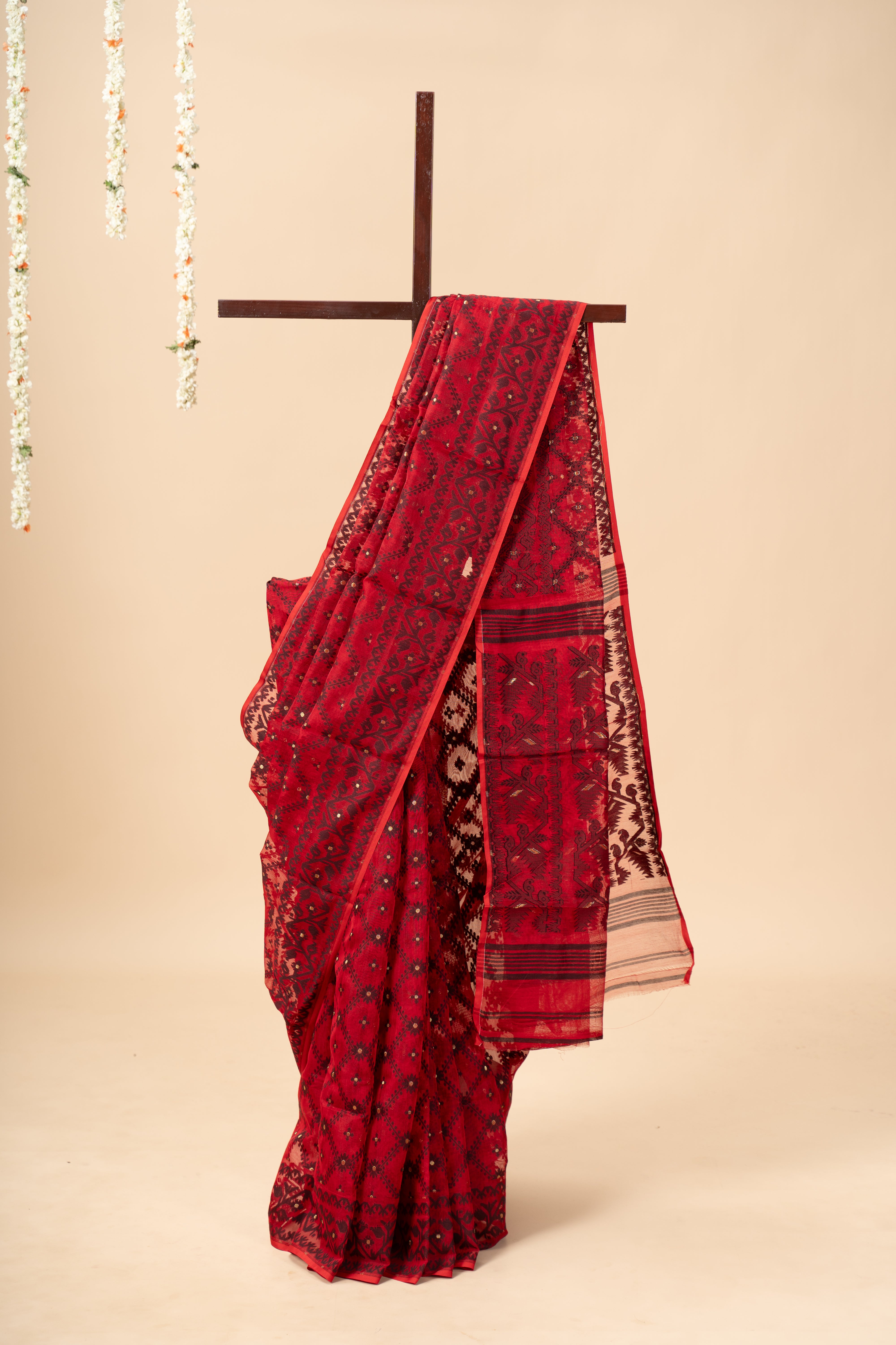 Red with Black design Dhakai Jamdani saree