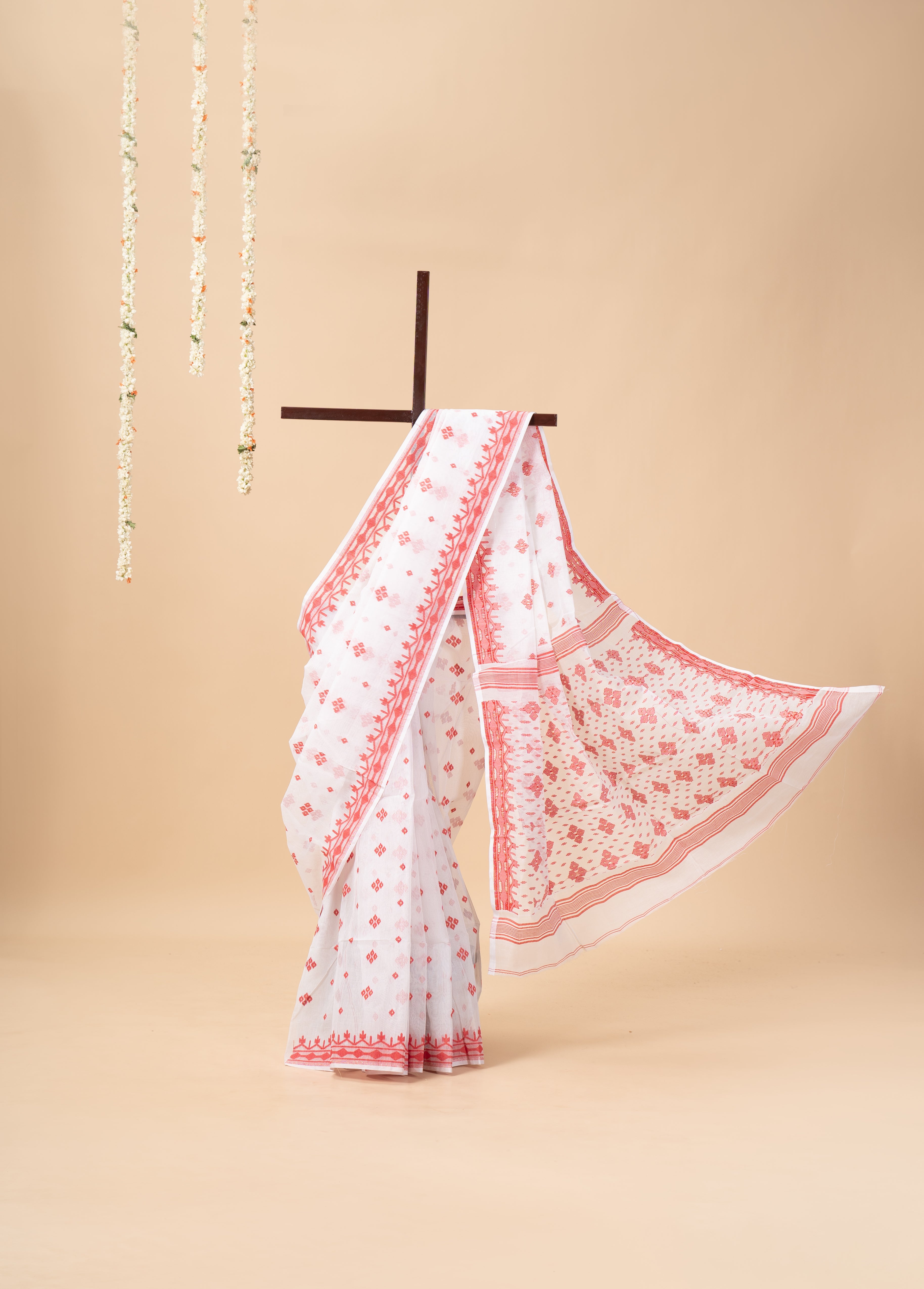 White Saree with Red Design Dhakai Jamdani Saree