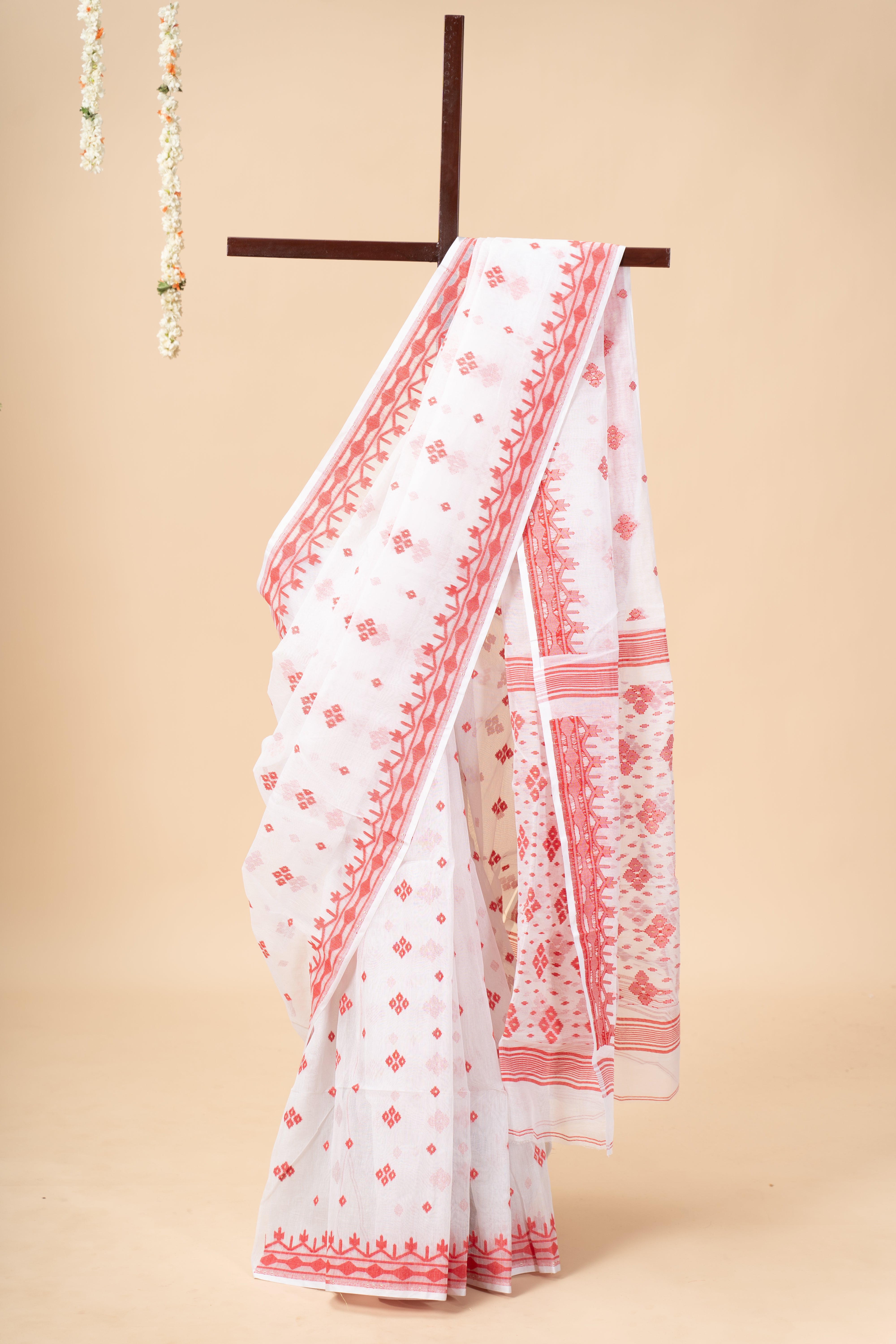 White Saree with Red Design Dhakai Jamdani Saree