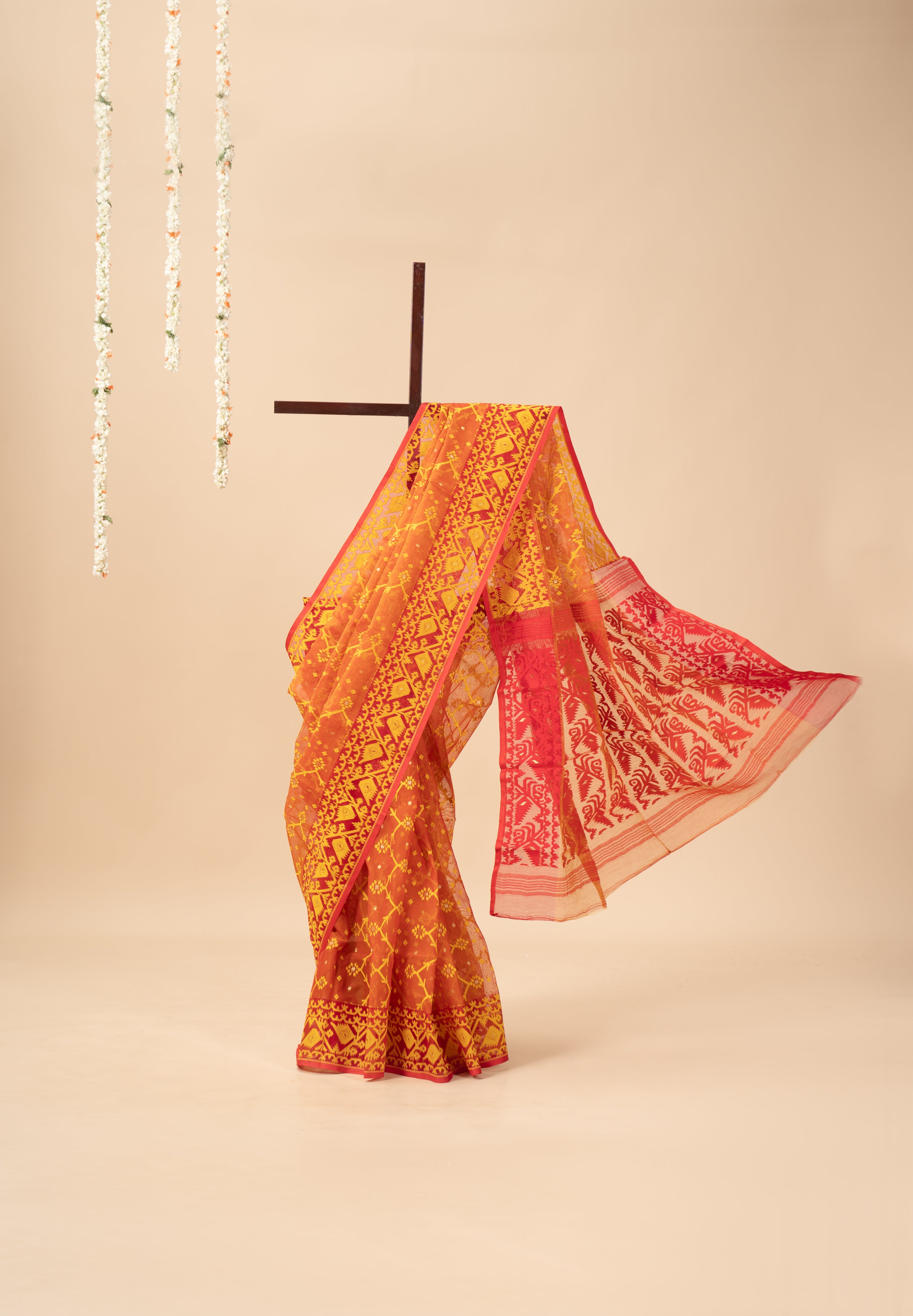 Red and Orange Dhakai Jamdani Saree