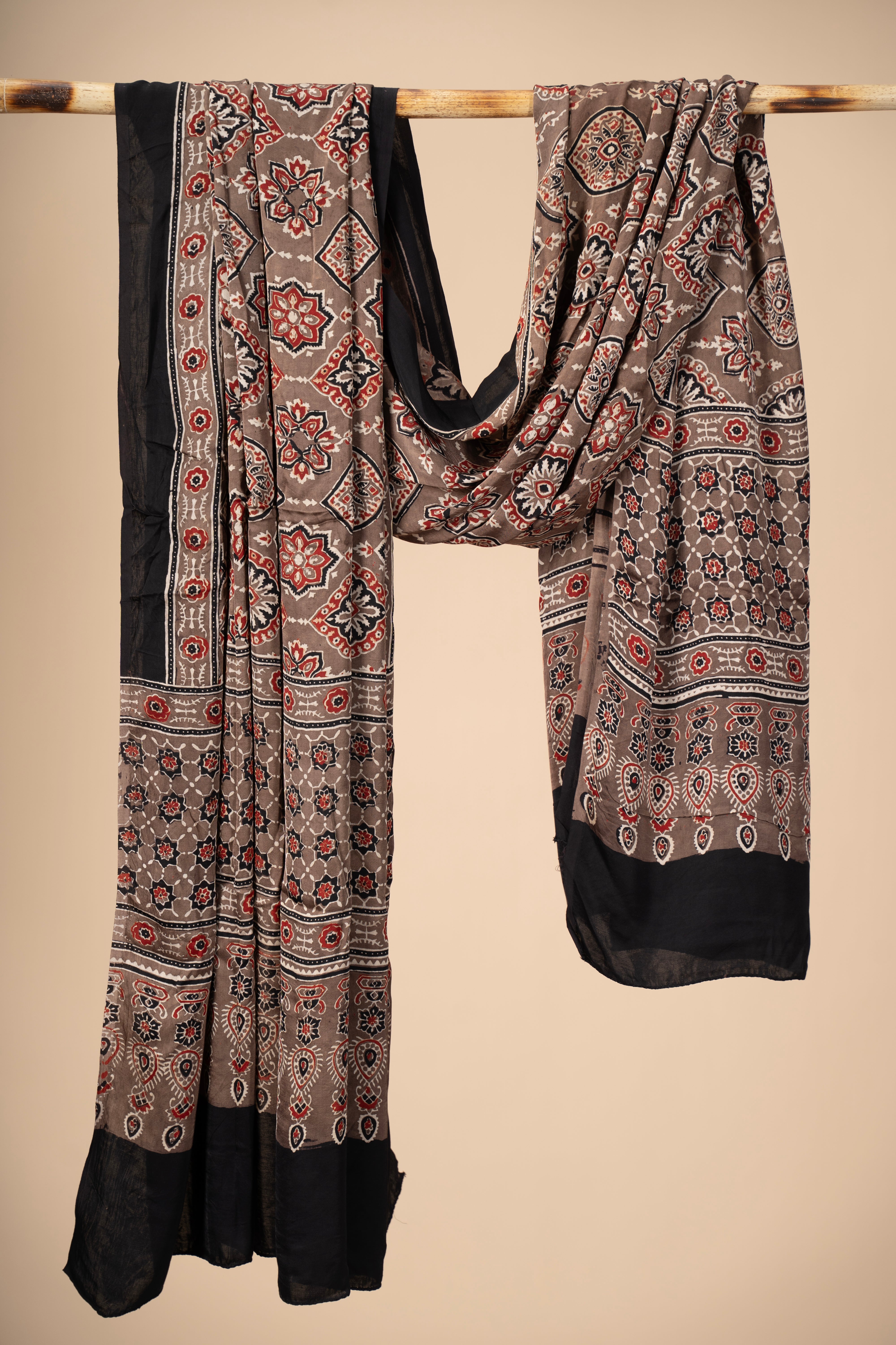 Hand Block Print Ajrakh Dupatta on Modal Silk