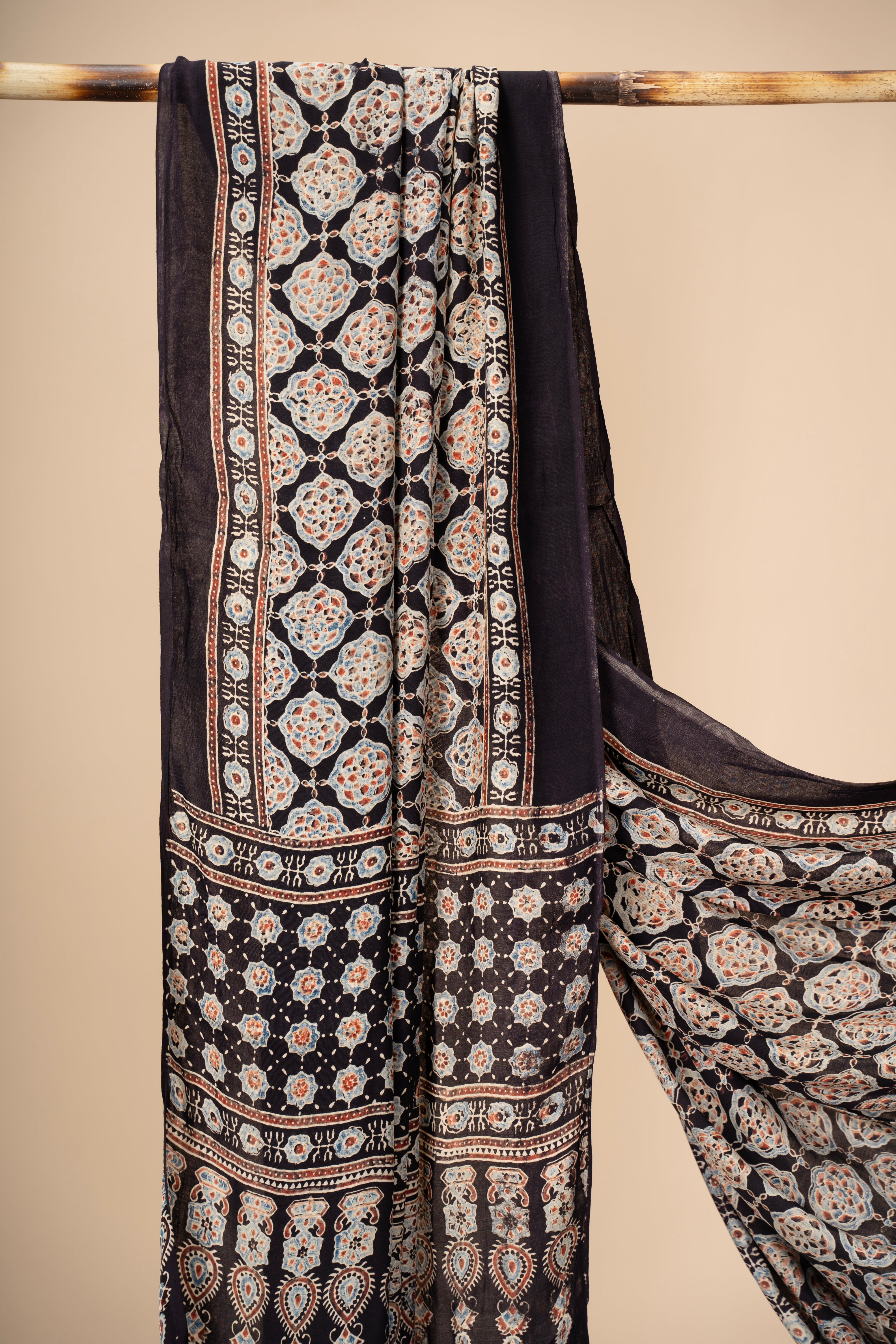 Hand Block Print Ajrakh Dupatta on Modal Silk