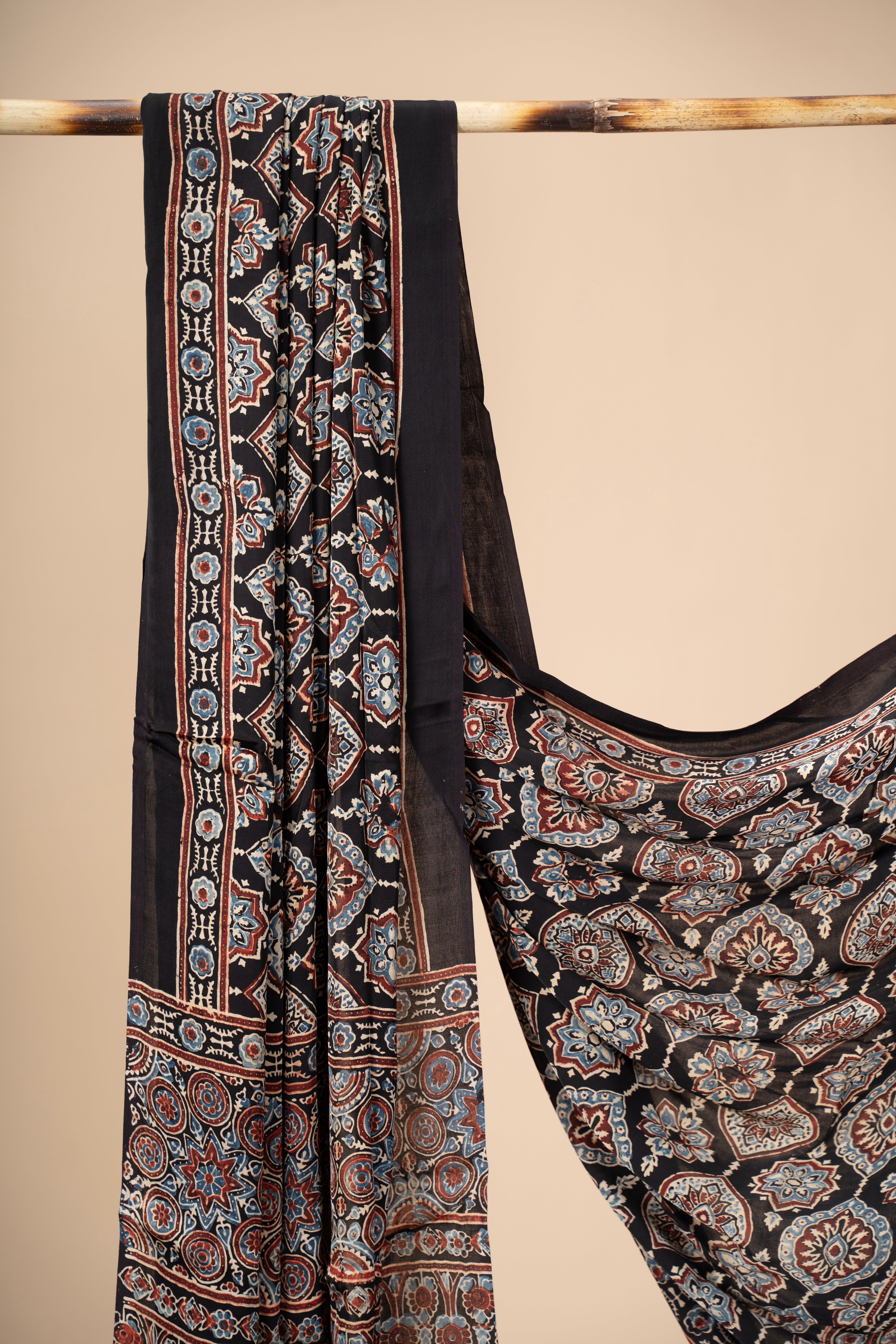 Hand Block Print Ajrakh Dupatta on Modal Silk