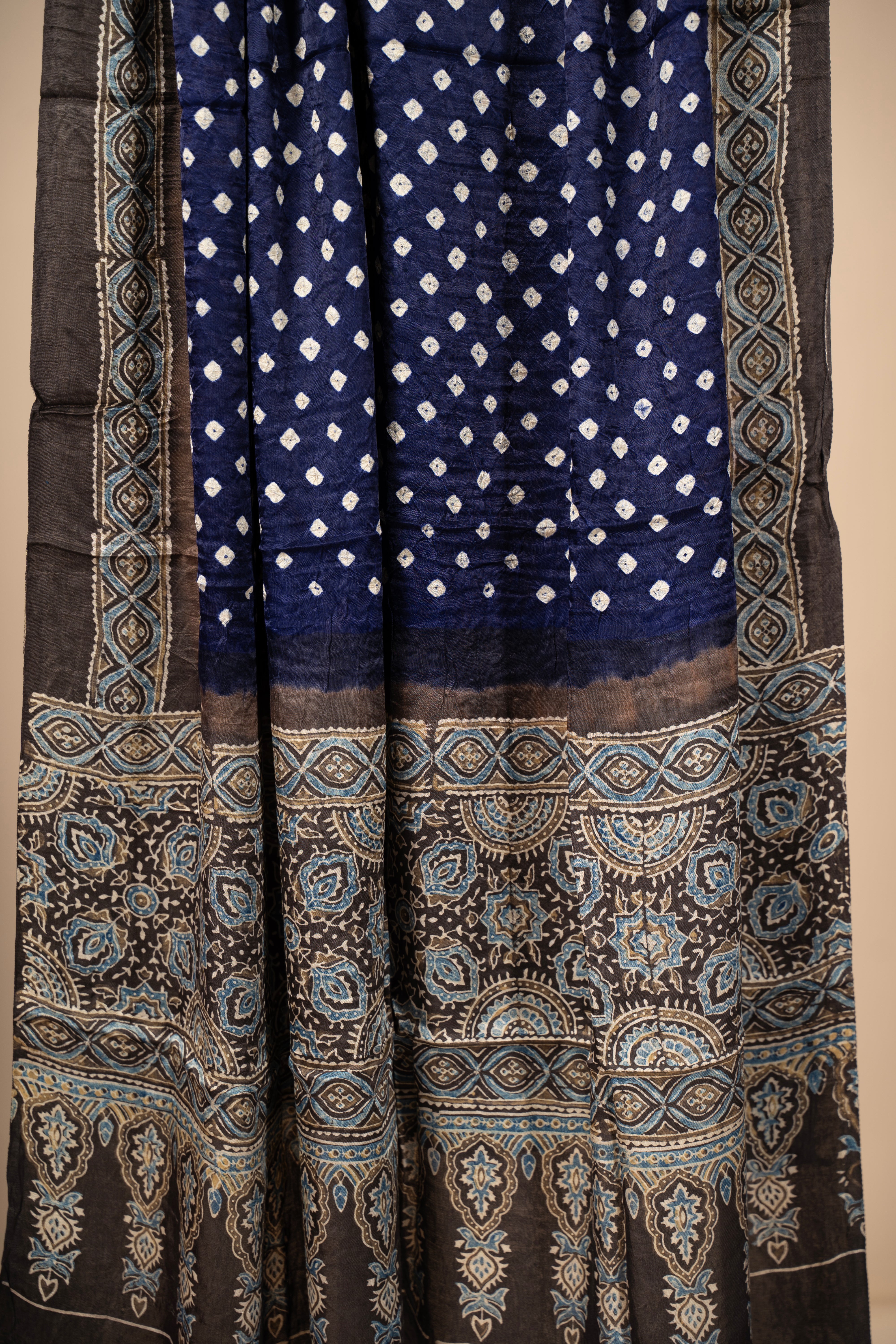 Modal Silk Handblock print dupatta with Bandani work