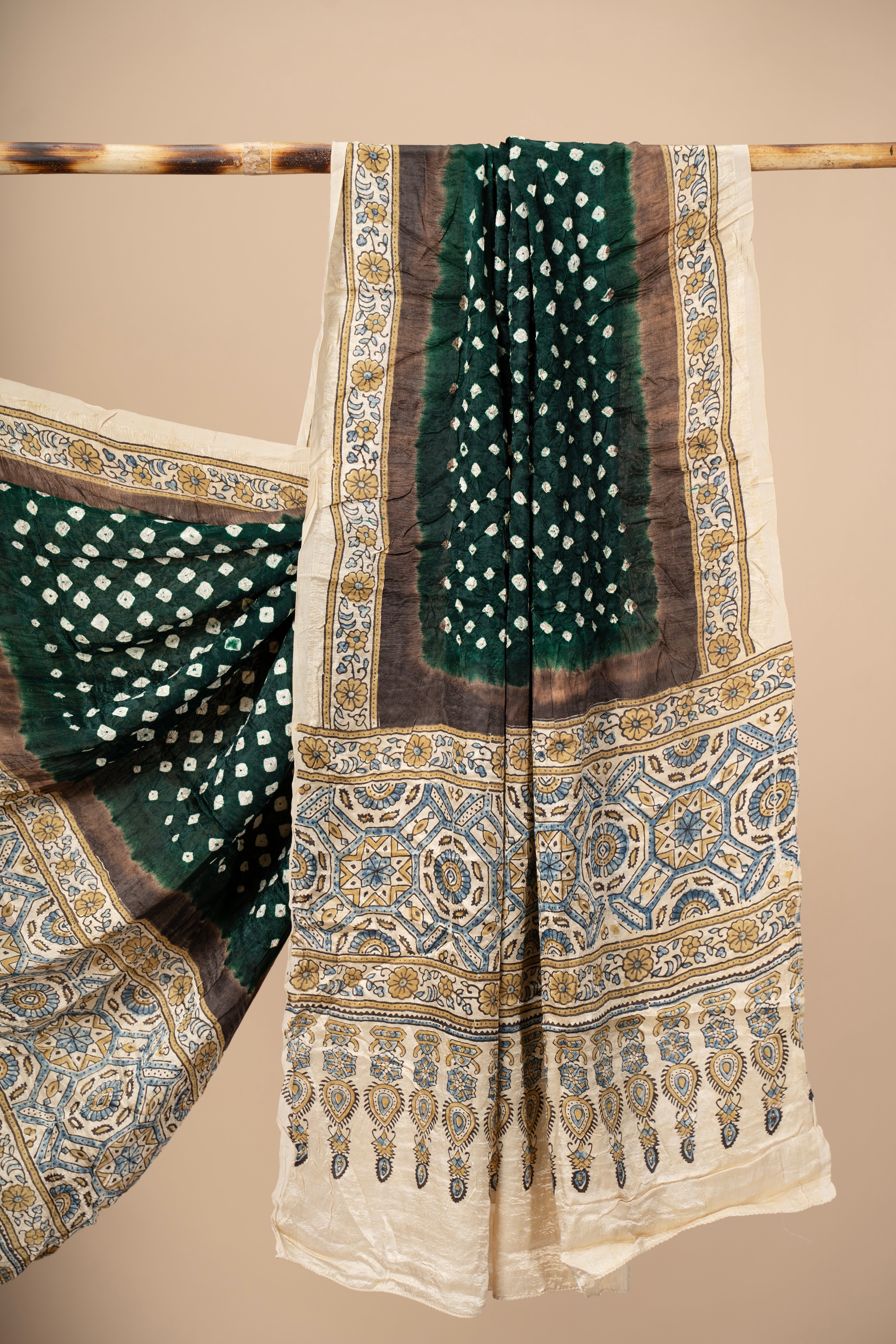 Modal Silk Handblock print dupatta with Bandani work
