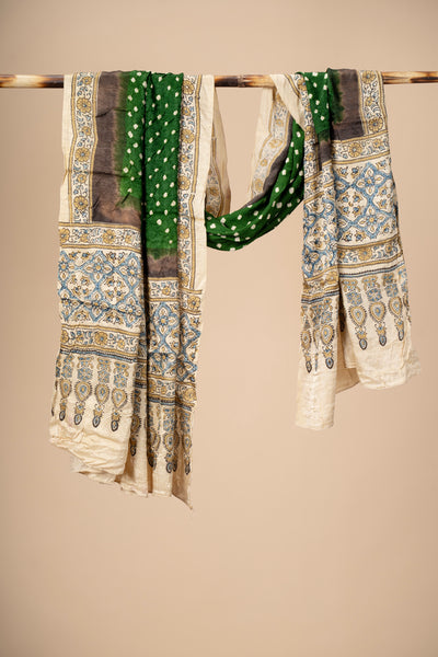 Modal Silk Handblock print dupatta with Bandani work