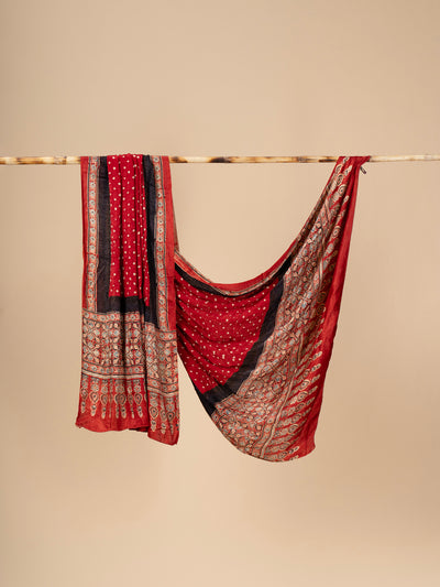 Modal Silk Handblock print dupatta with Bandani work