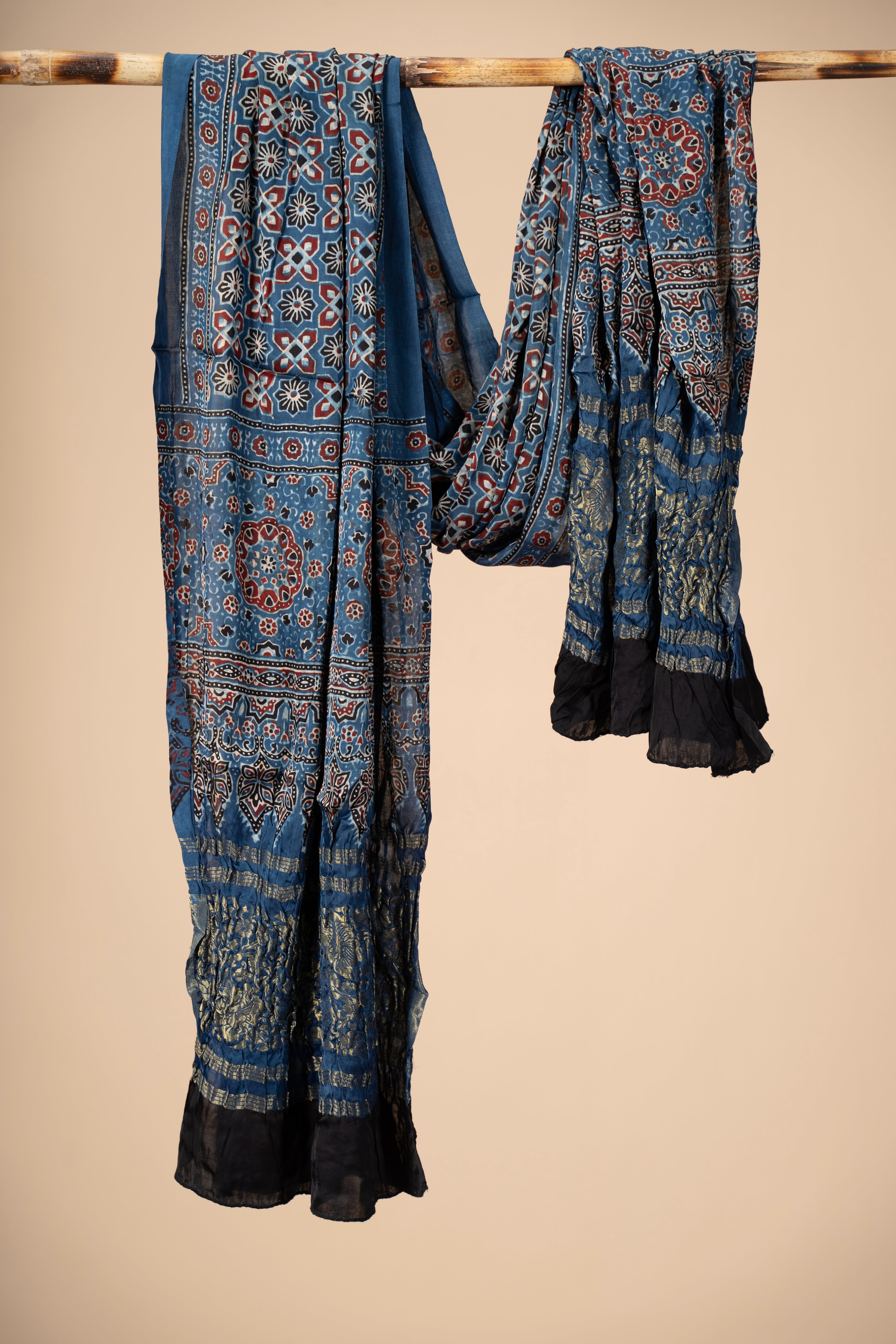 Ajrakh block Print Modal Silk Dupatta With Lagdi Patta