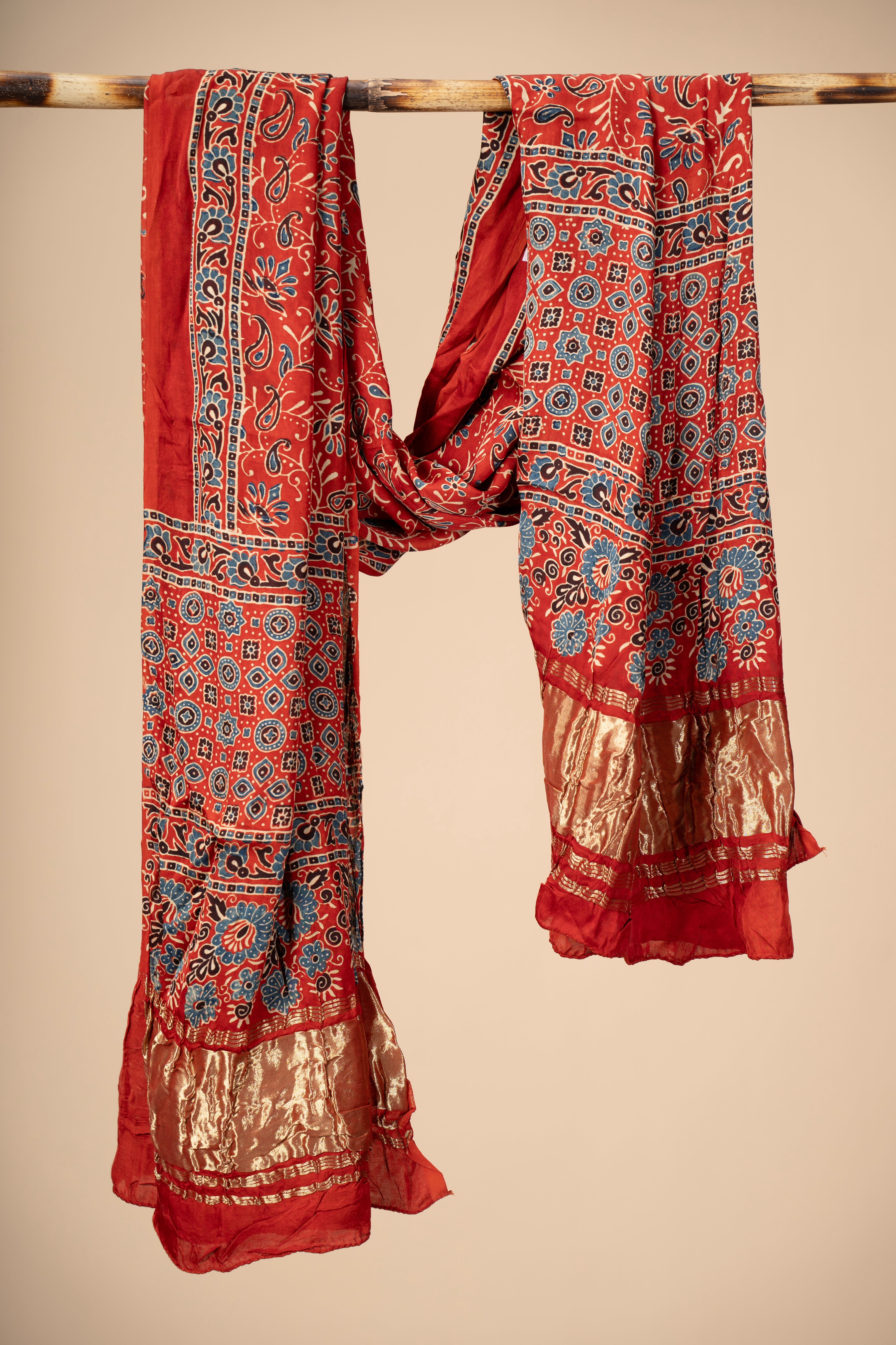 Ajrakh block Print Modal Silk Dupatta With Lagdi Patta