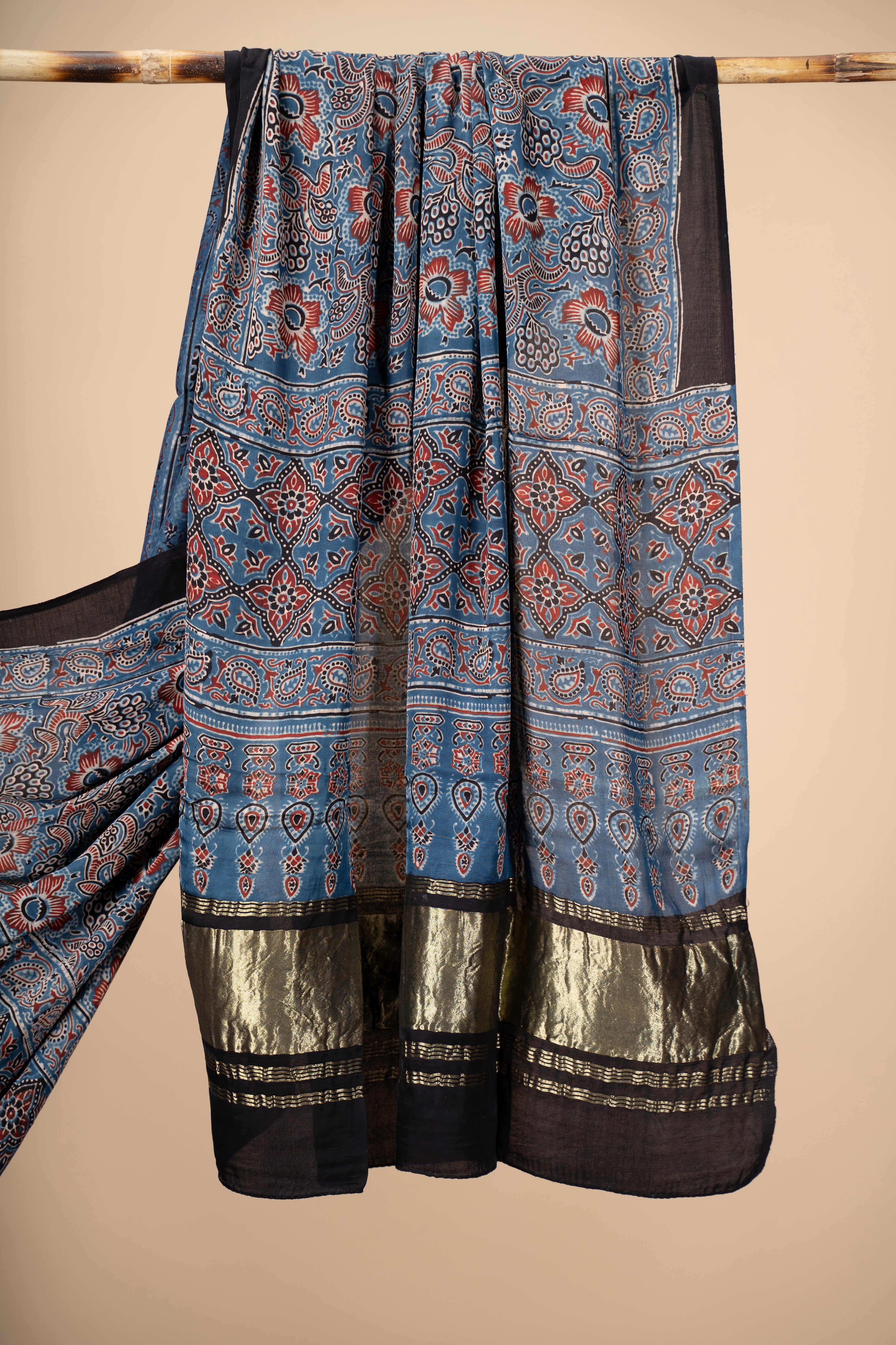Ajrakh block Print Modal Silk Dupatta With Lagdi Patta