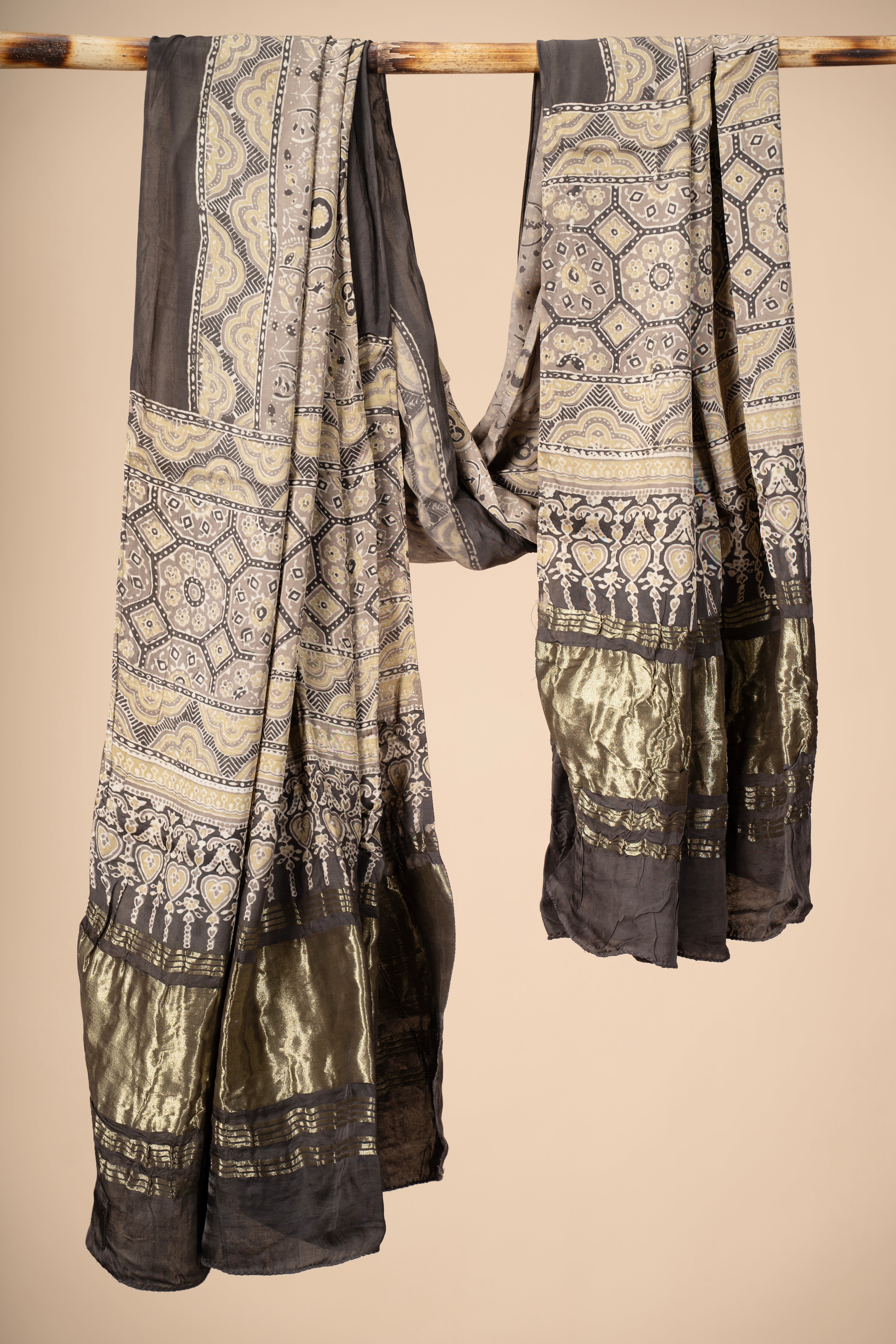 Ajrakh block Print Modal Silk Dupatta With Lagdi Patta