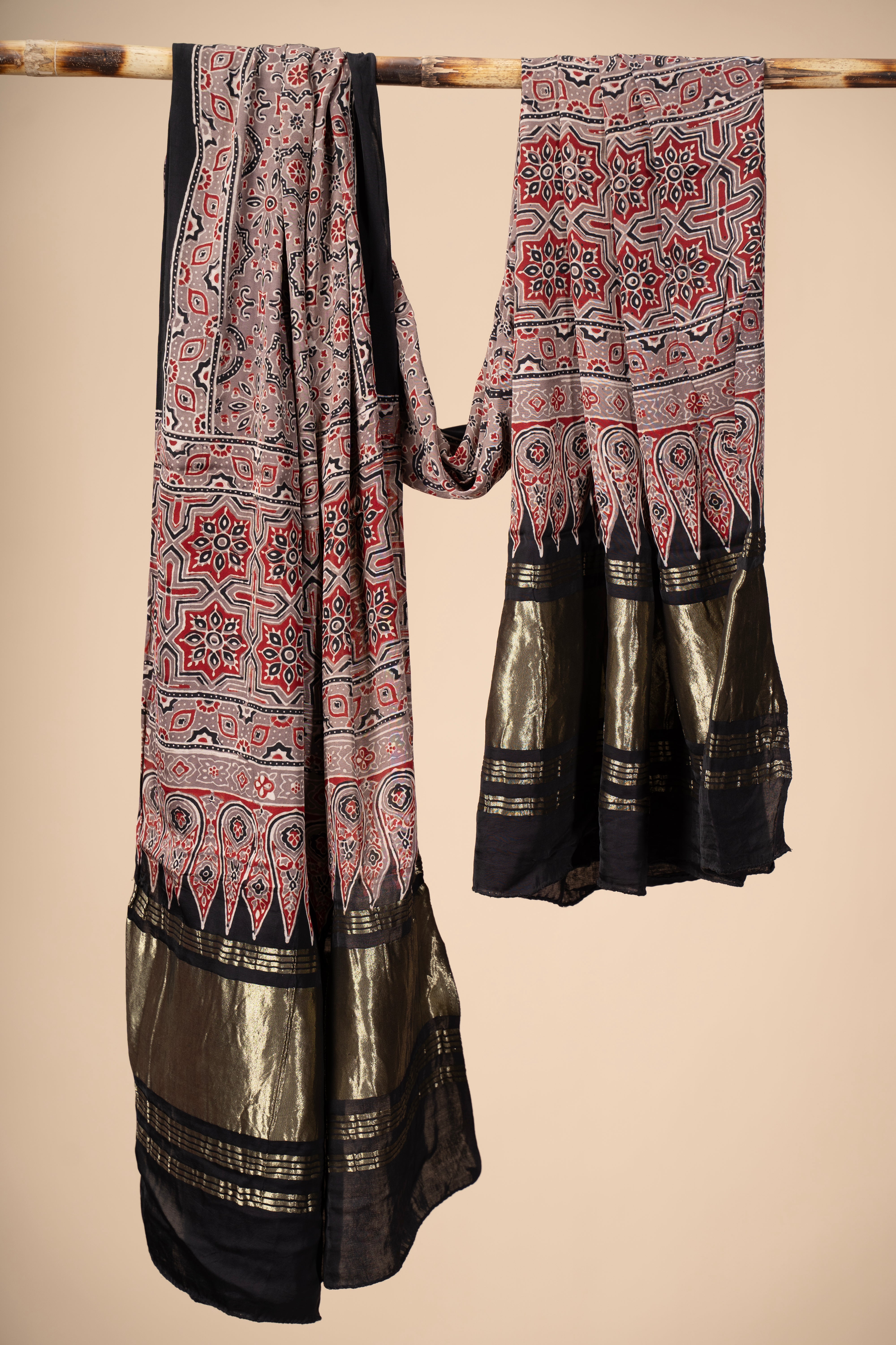 Ajrakh block Print Modal Silk Dupatta With Lagdi Patta