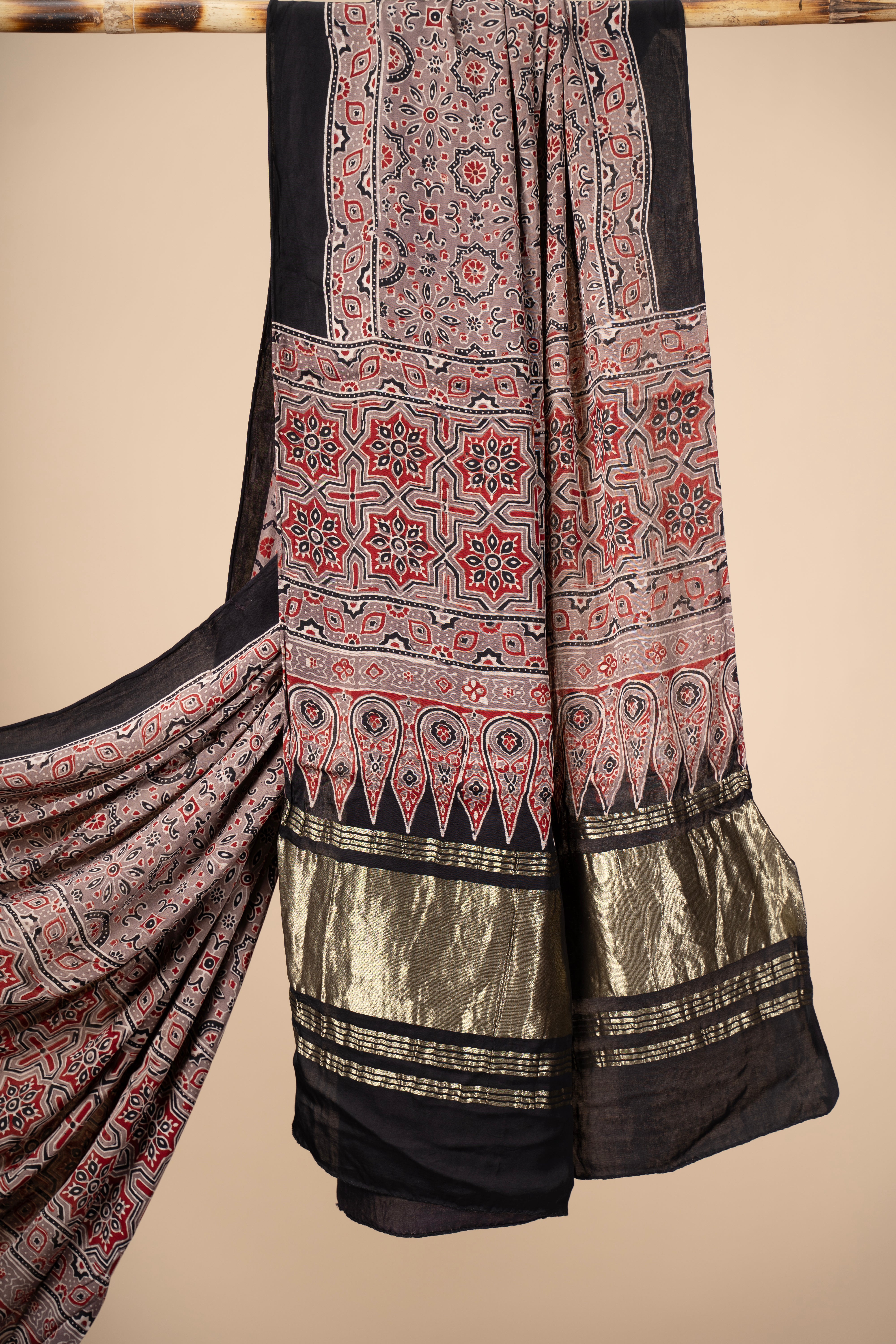 Ajrakh block Print Modal Silk Dupatta With Lagdi Patta