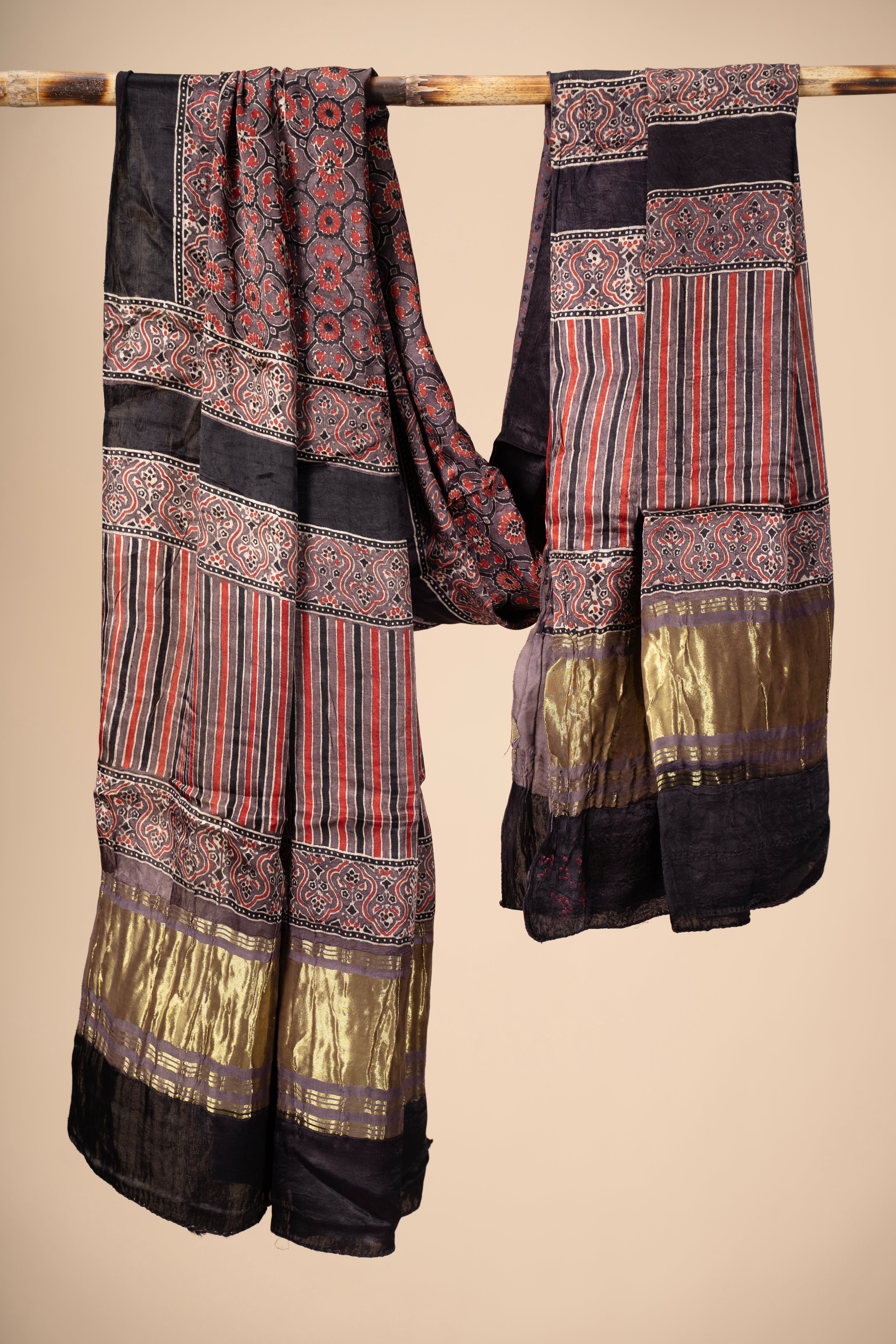 Ajrakh block Print Modal Silk Dupatta With Lagdi Patta