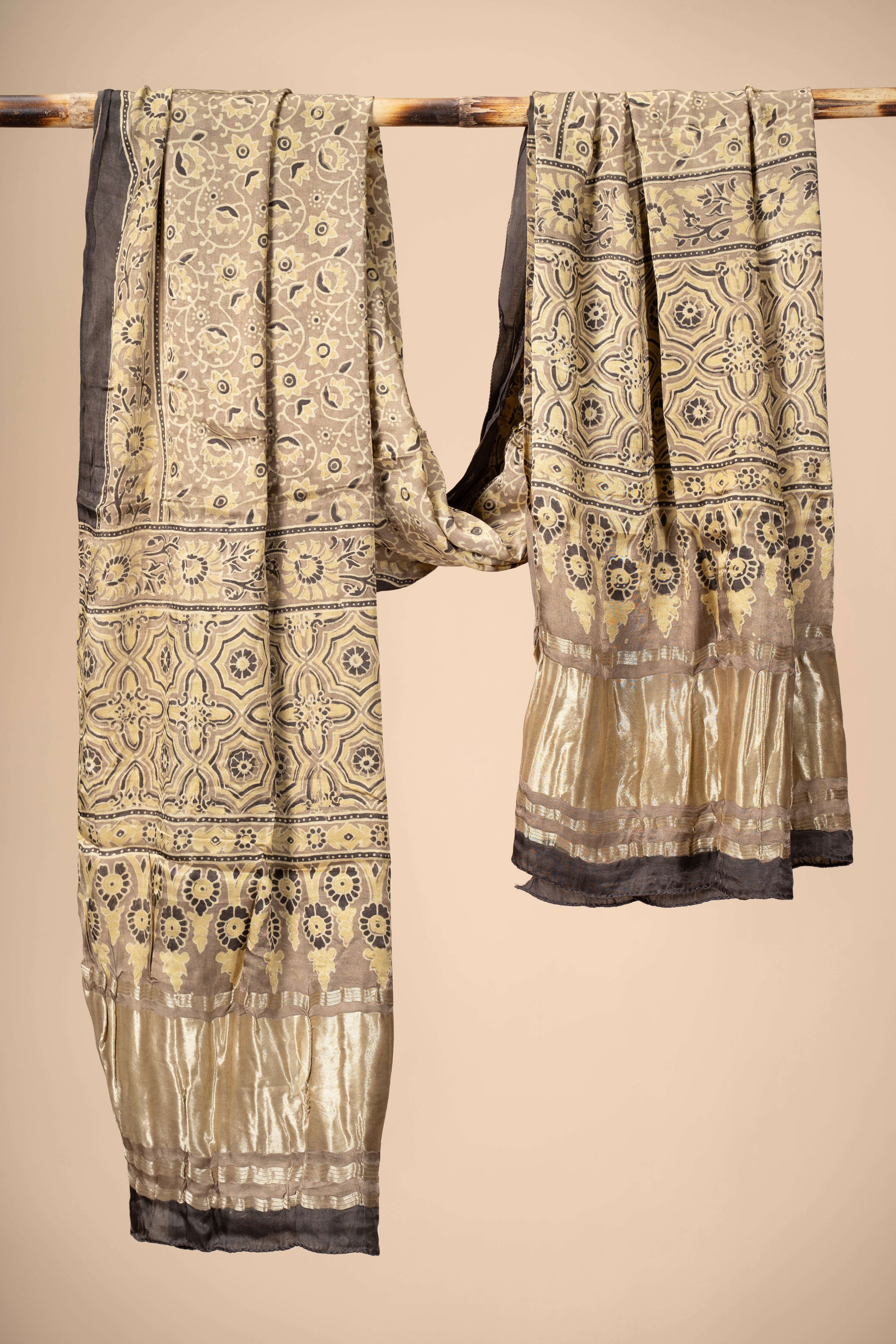 Ajrakh block Print Modal Silk Dupatta With Lagdi Patta