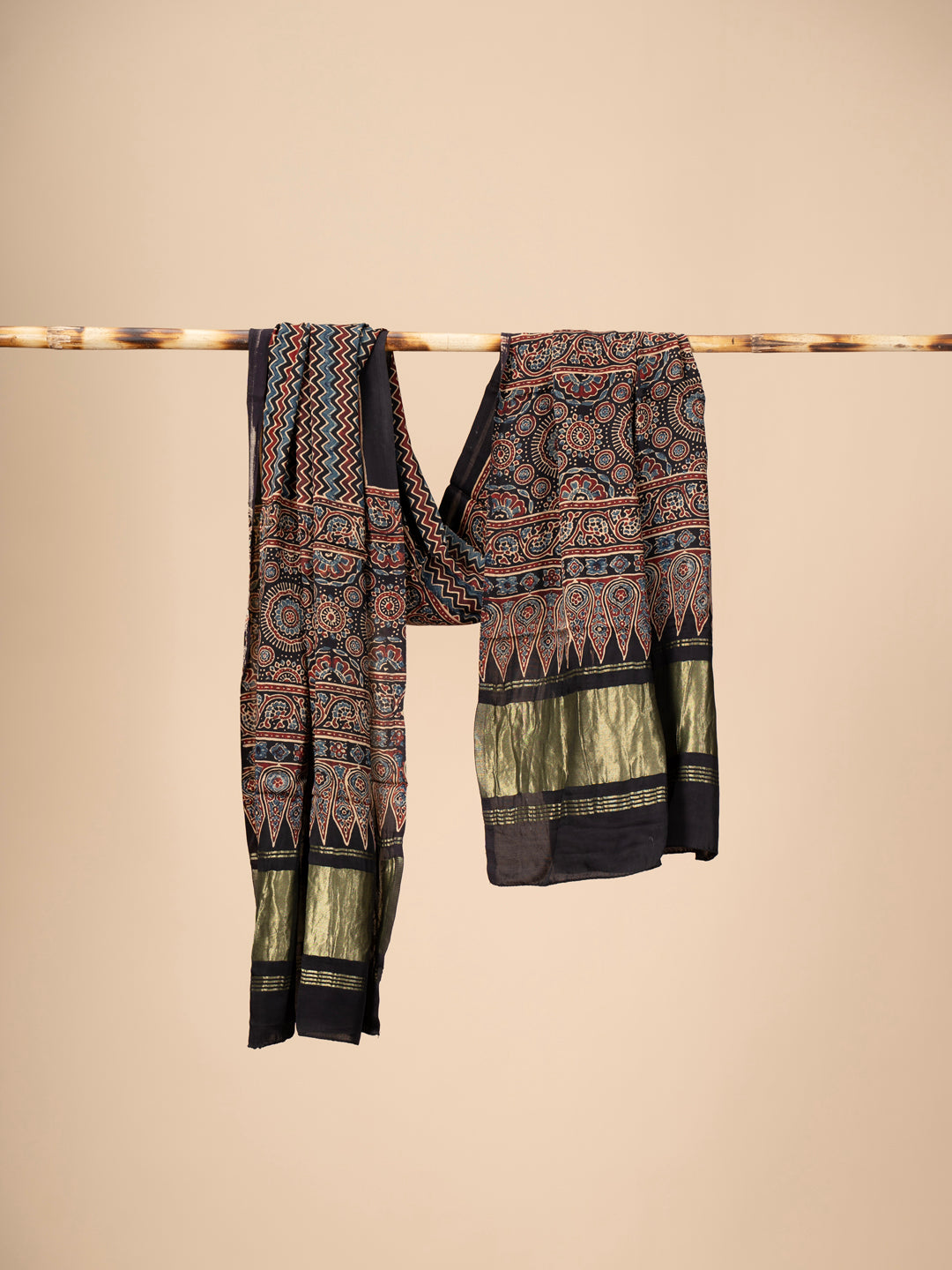 Ajrakh block Print Modal Silk Dupatta With Lagdi Patta