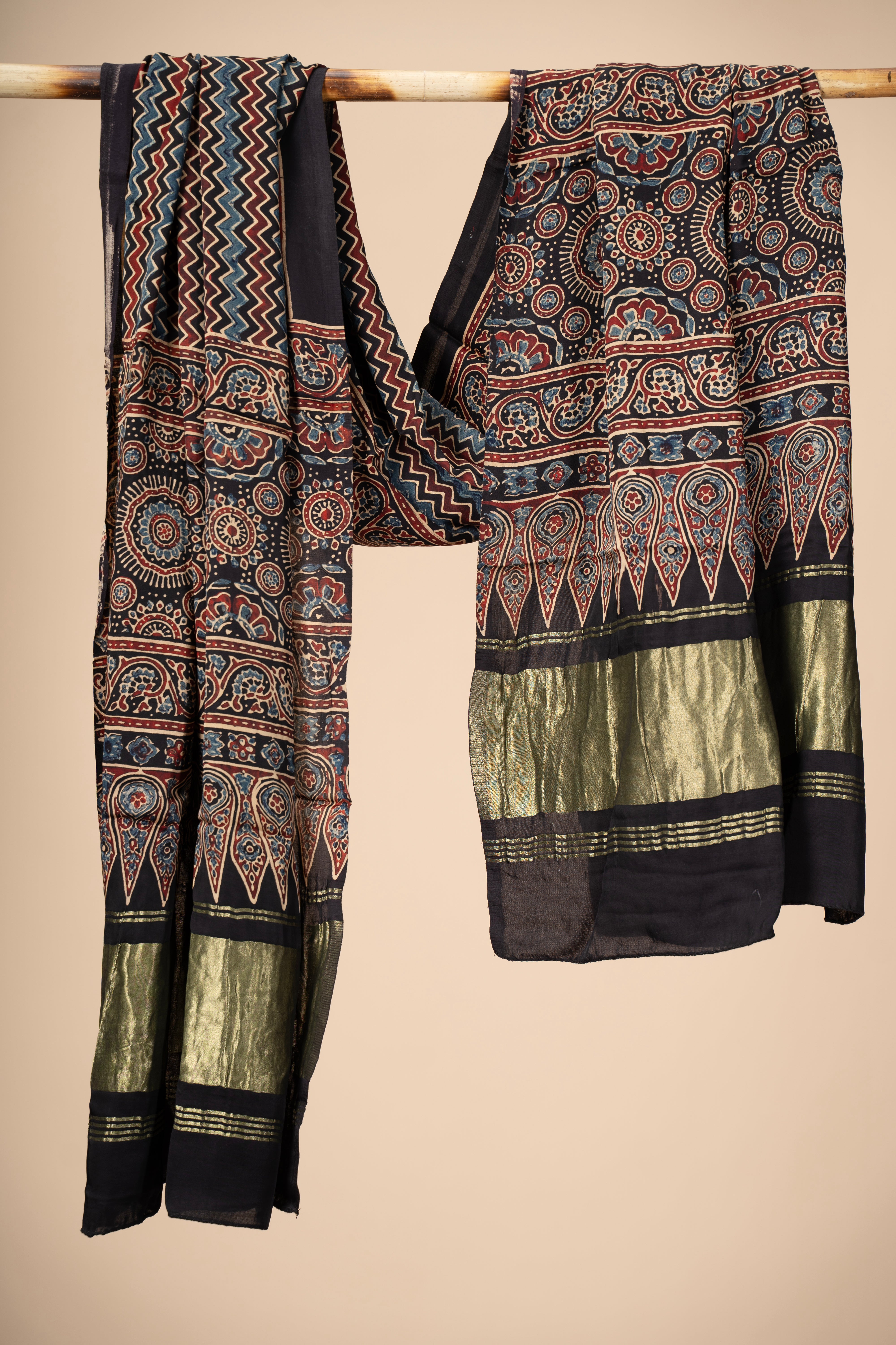 Ajrakh block Print Modal Silk Dupatta With Lagdi Patta