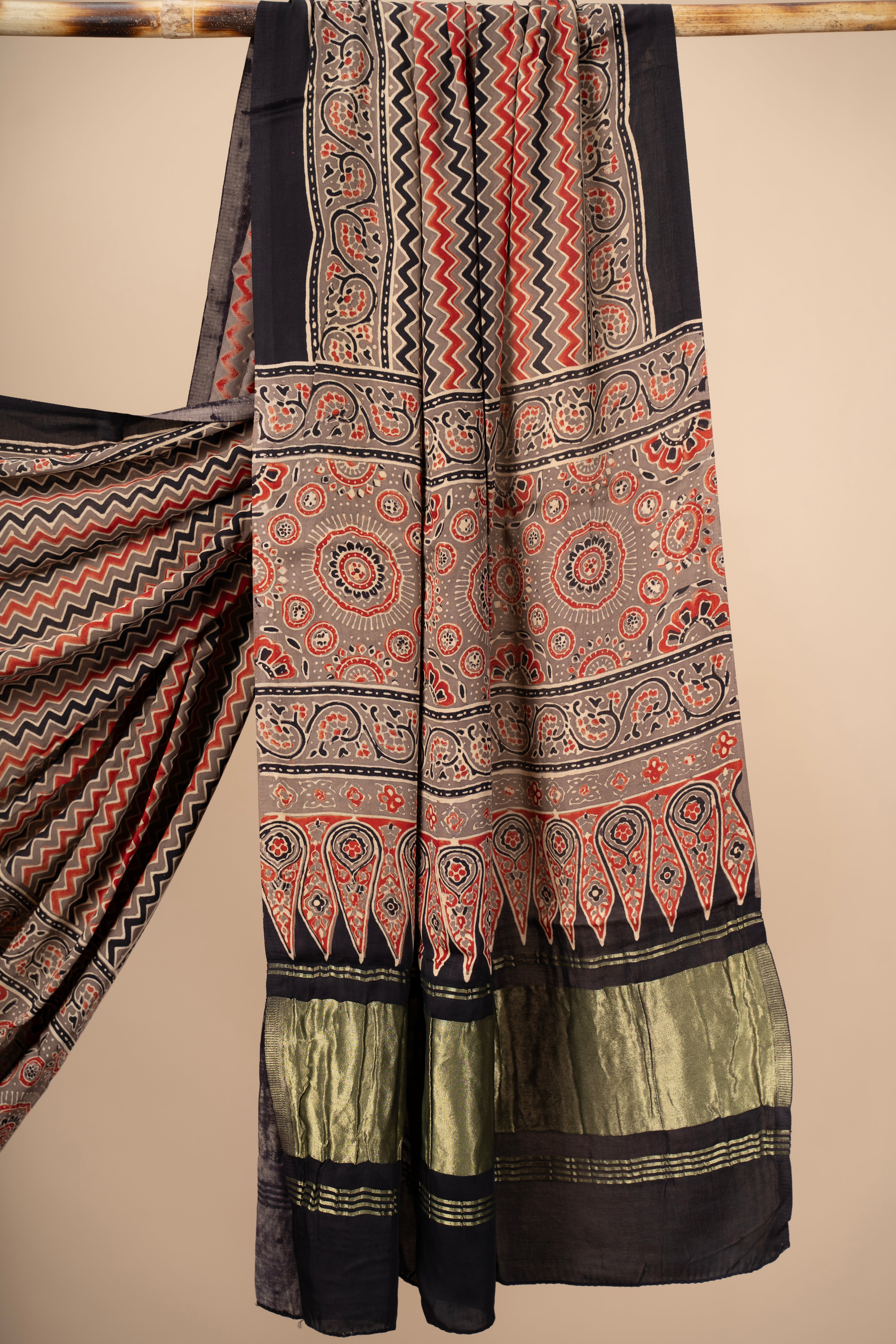 Ajrakh block Print Modal Silk Dupatta With Lagdi Patta