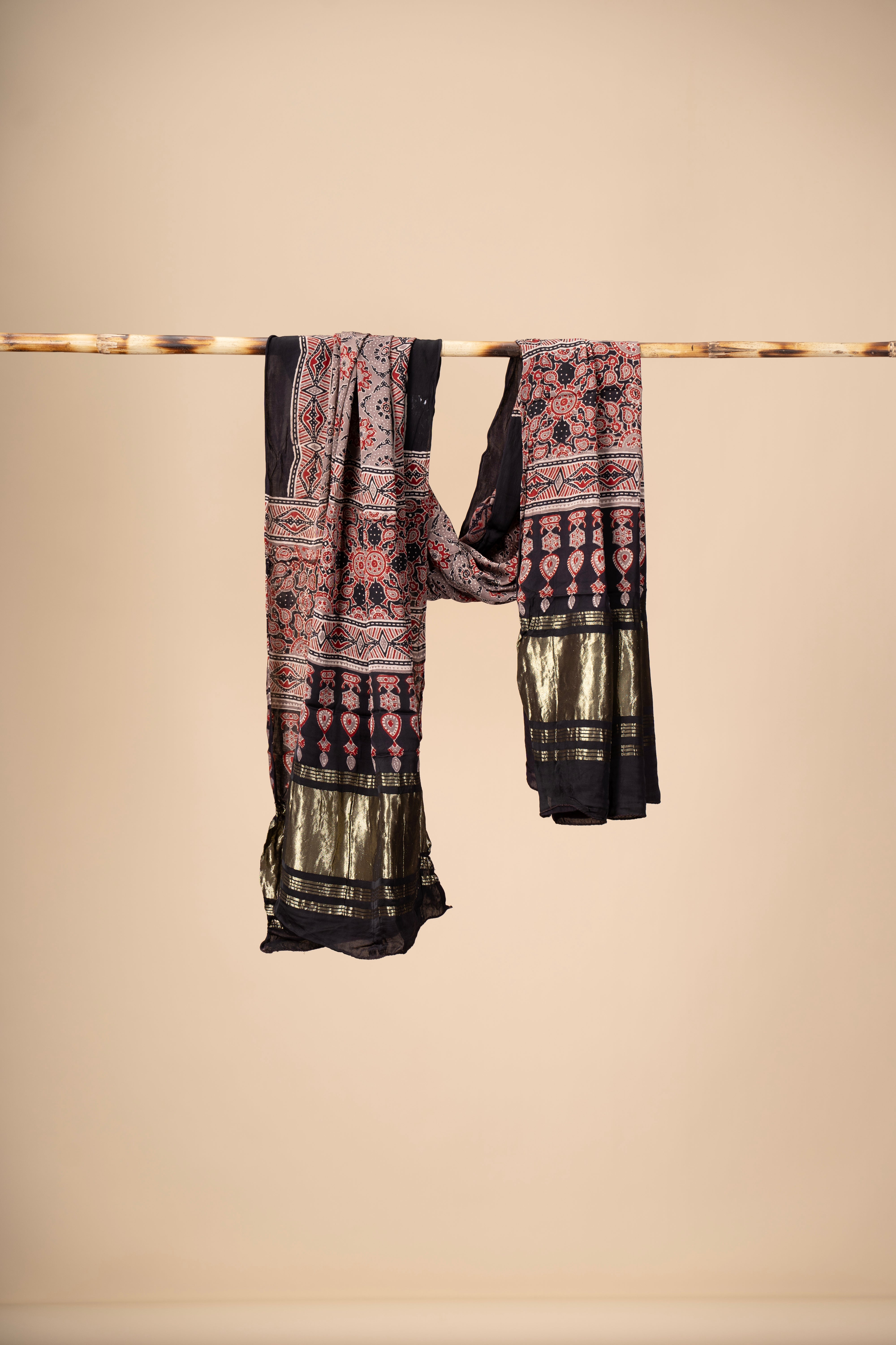 Ajrakh block Print Modal Silk Dupatta With Lagdi Patta