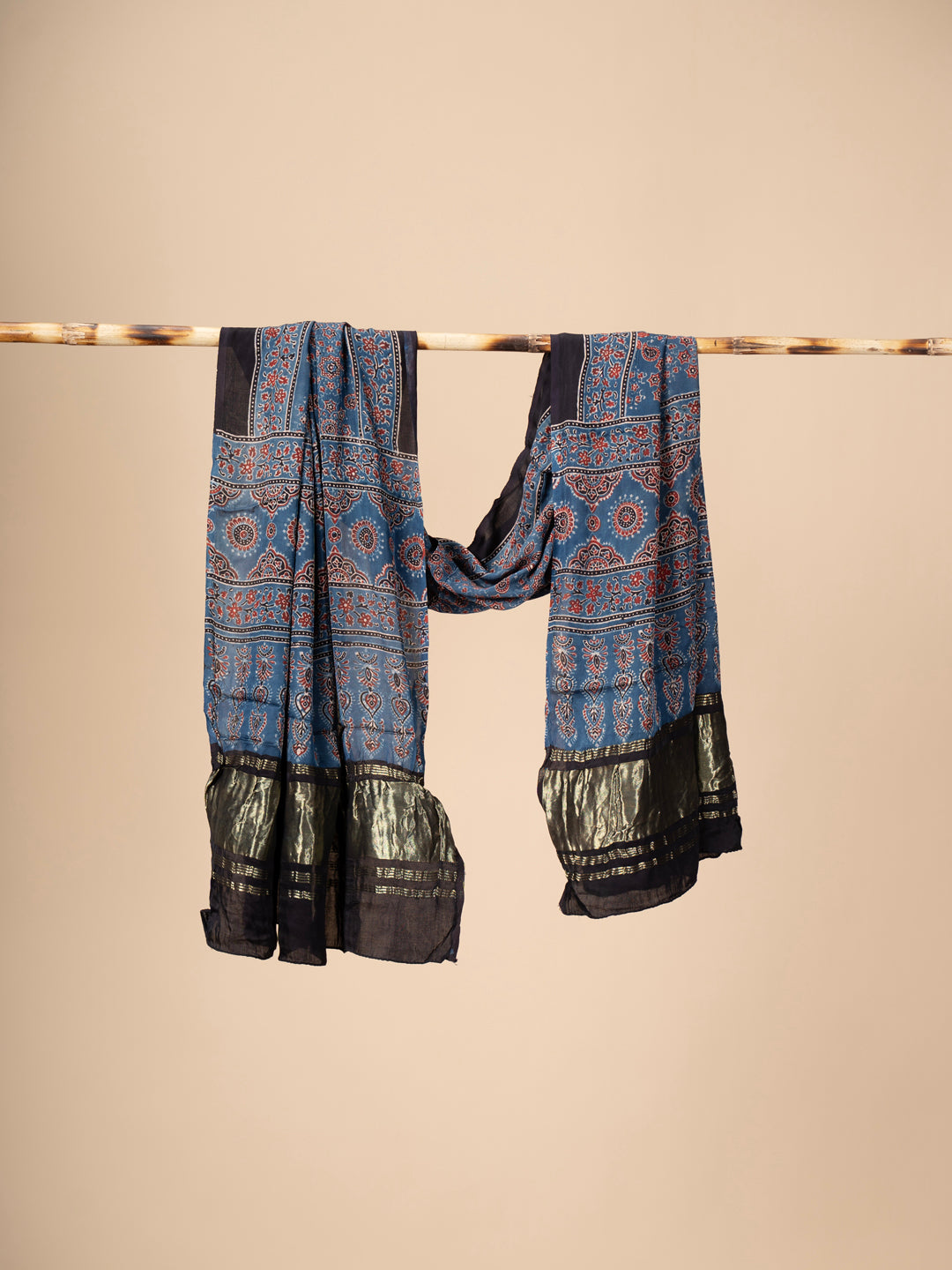 Ajrakh block Print Modal Silk Dupatta With Lagdi Patta